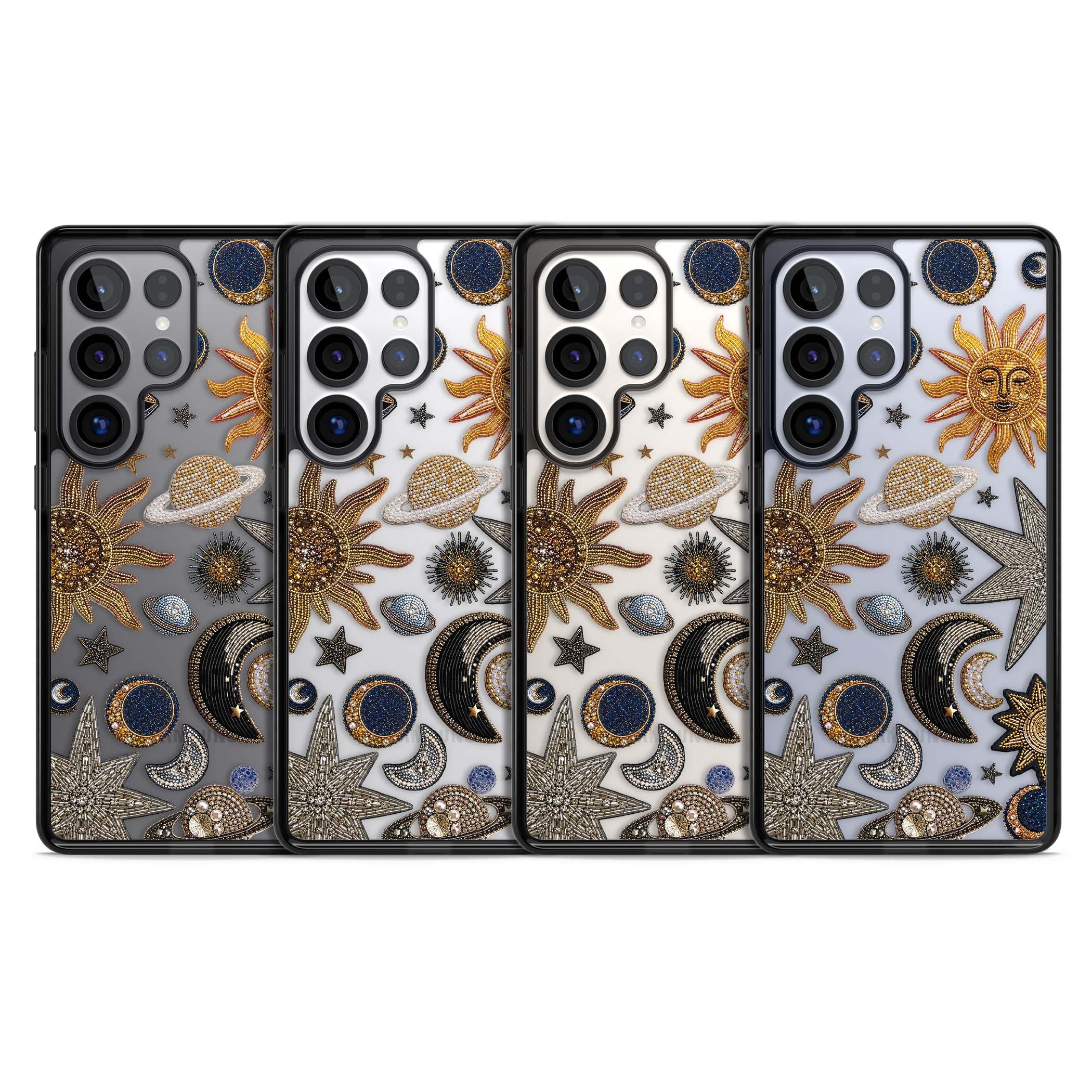Beaded Cosmos celestial iPhone case featuring embroidered golden suns, beaded planets and silver shooting stars | Black Impact case for Samsung Galaxy S25 Ultra