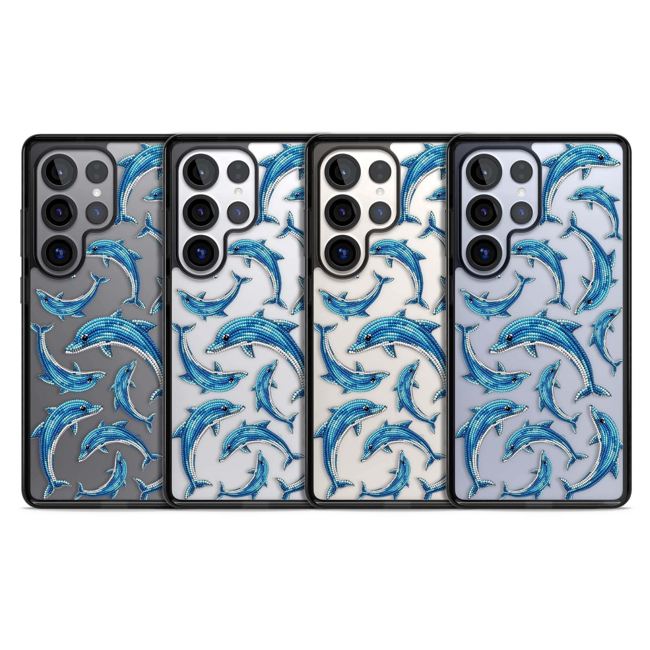 Beaded Dolphins coastal iPhone case featuring beaded dolphins in blue and white swimming across a clear background | Black Impact case for Samsung Galaxy S25 Ultra