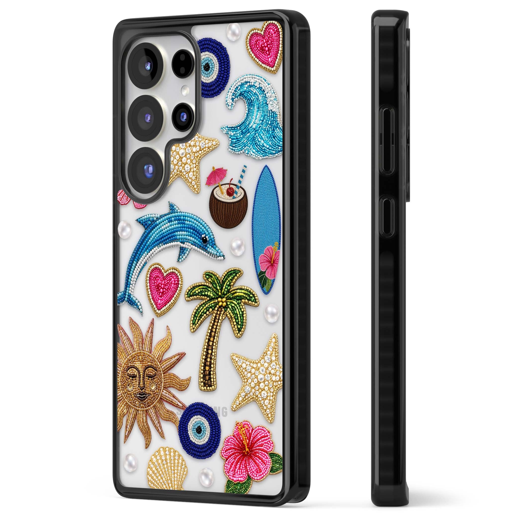 Beaded Beach coastal summer iPhone case featuring embroidered evil eye, hibiscus flowers, dolphin and palm tree patches | Black Impact case for Samsung Galaxy S25 Ultra