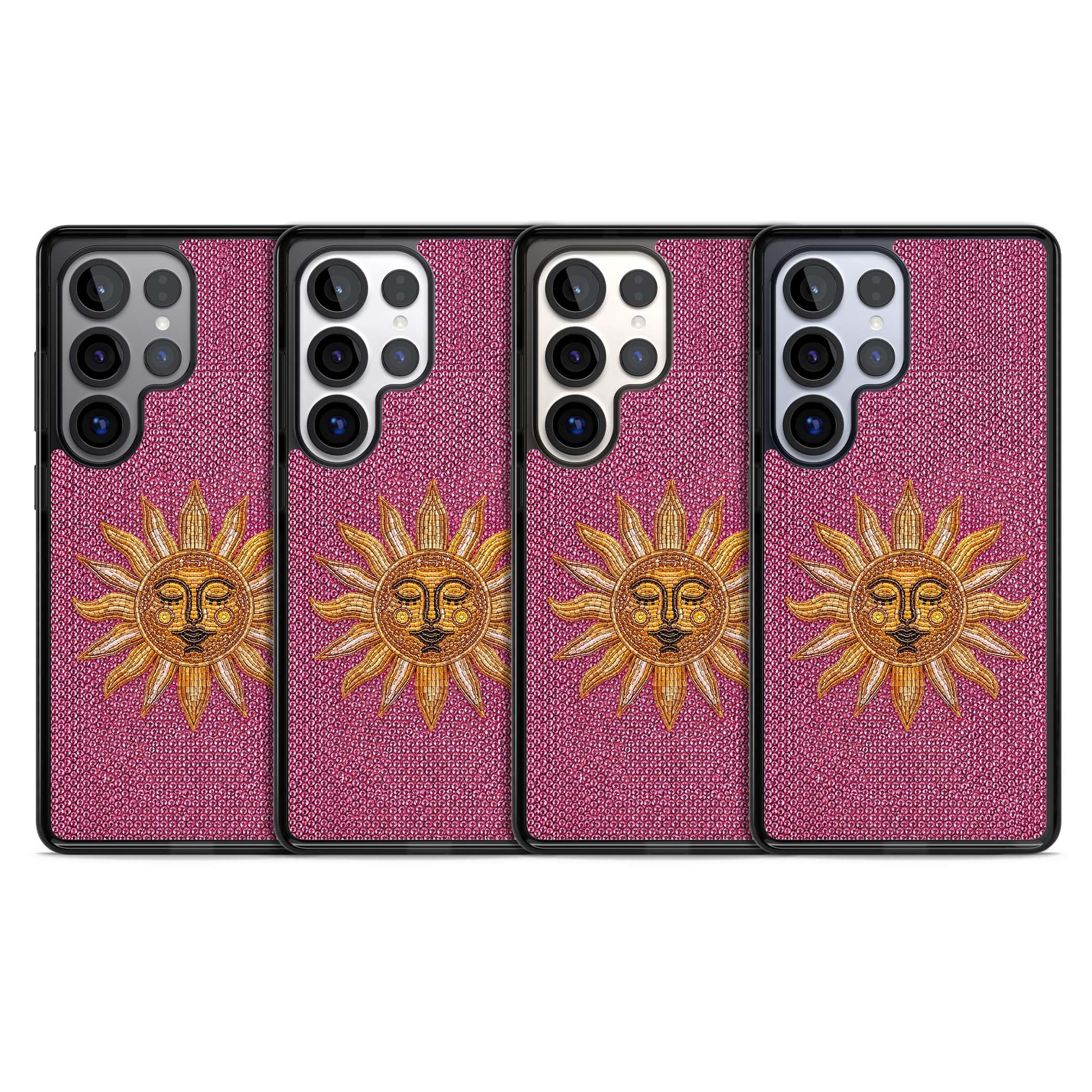 Beaded Sun celestial iPhone case featuring a golden beaded sun face with radiant rays on hot pink beaded background | Black Impact case for Samsung Galaxy S25 Ultra