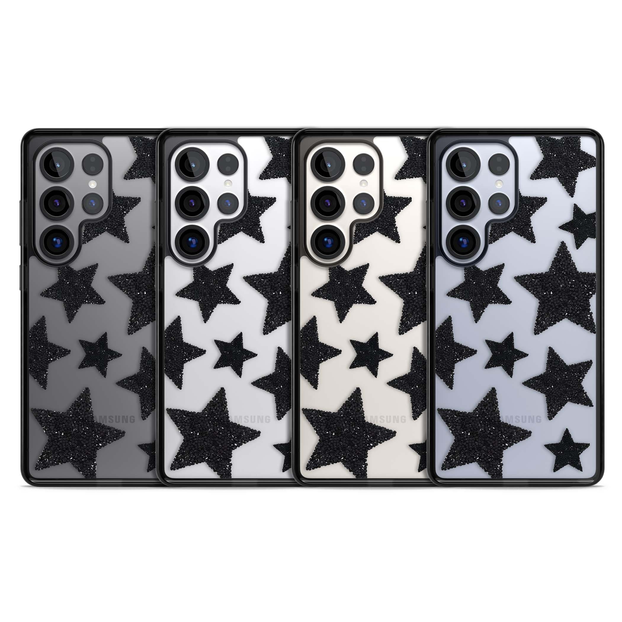 Beaded Black Stars celestial iPhone case featuring black glitter beaded stars scattered on a clear background | Black Impact case for Samsung Galaxy S25 Ultra