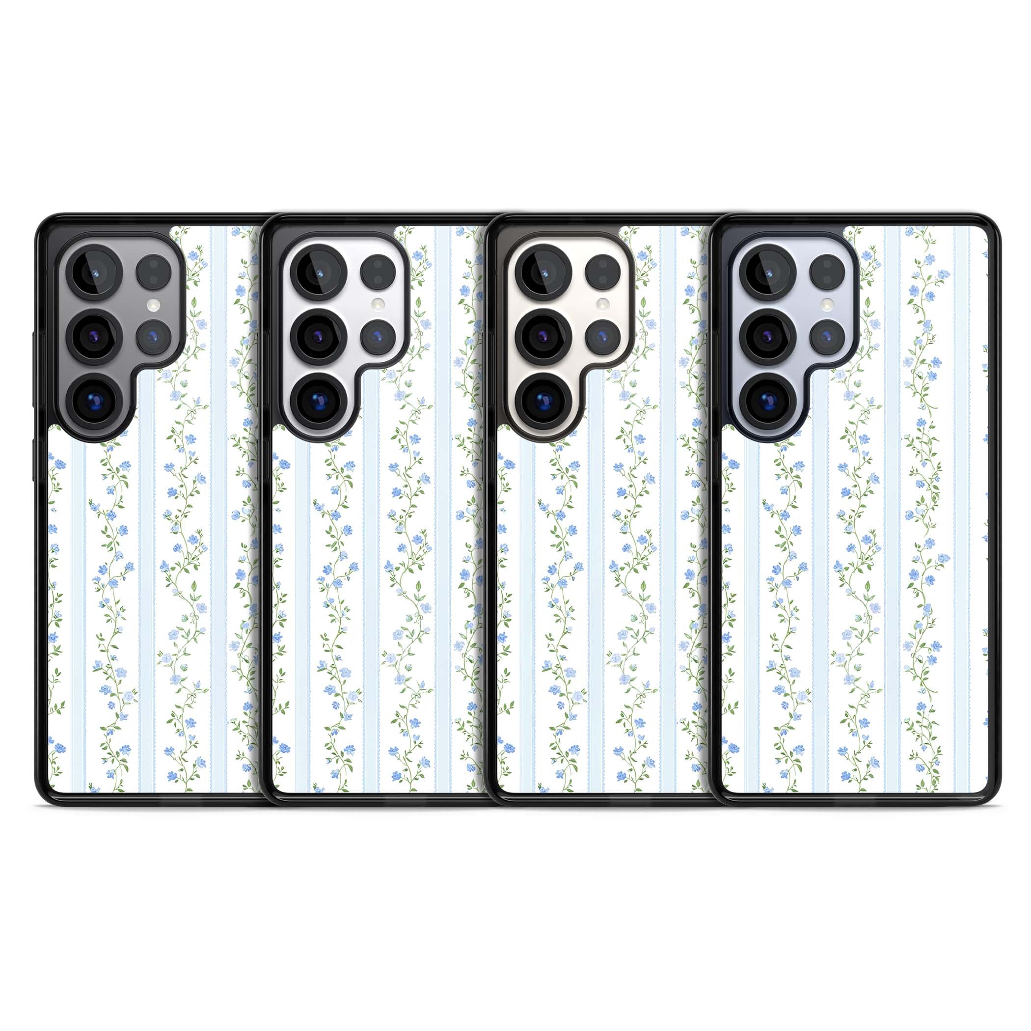 Bluebell Vine cottagecore iPhone case featuring climbing blue roses, trailing green vines, and pale ticking stripes | Black Impact case for Samsung Galaxy S25 Ultra