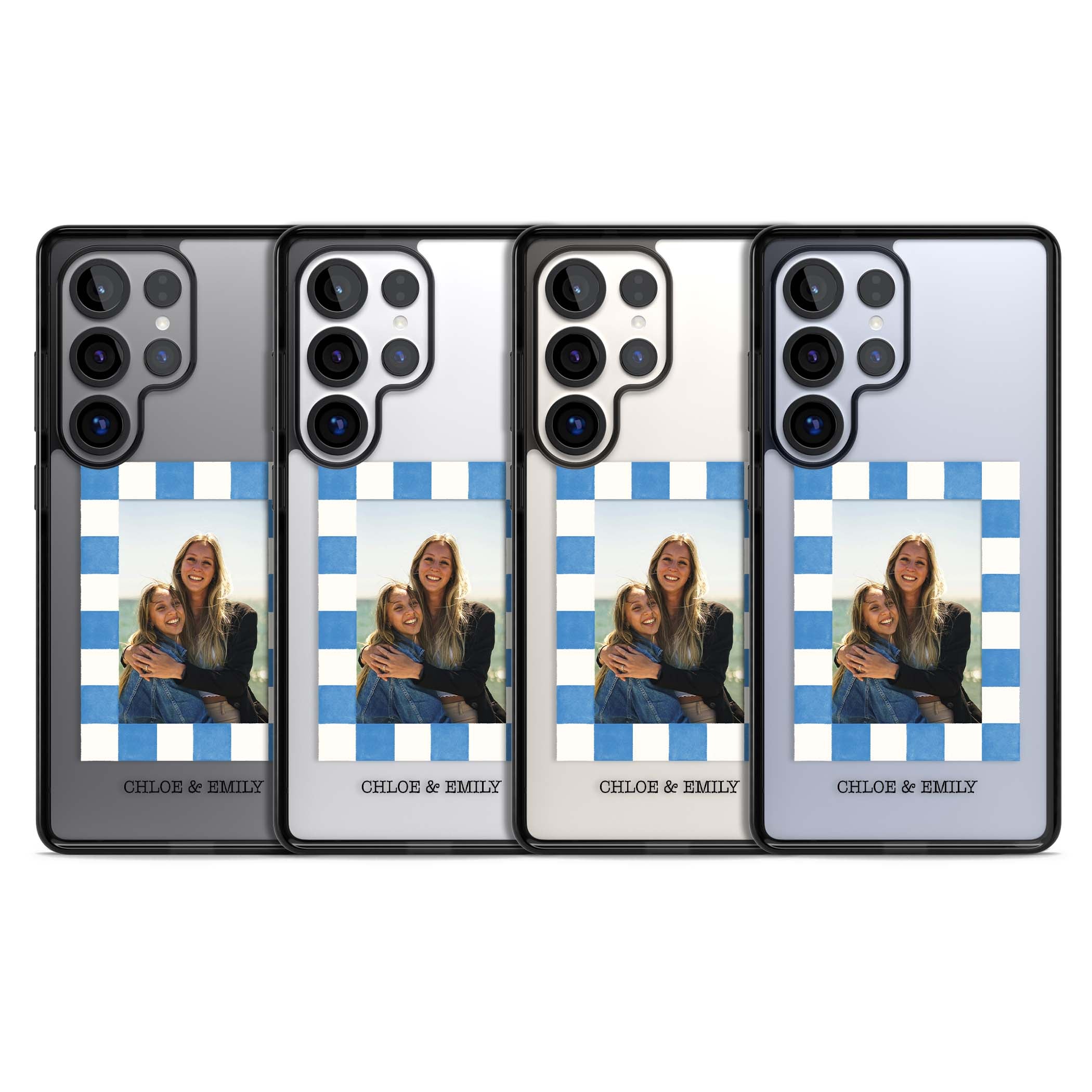 Blue Check Photo personalised photo iPhone case with blue checkered frame and custom couple names | Black Impact case for Samsung Galaxy S25 Ultra