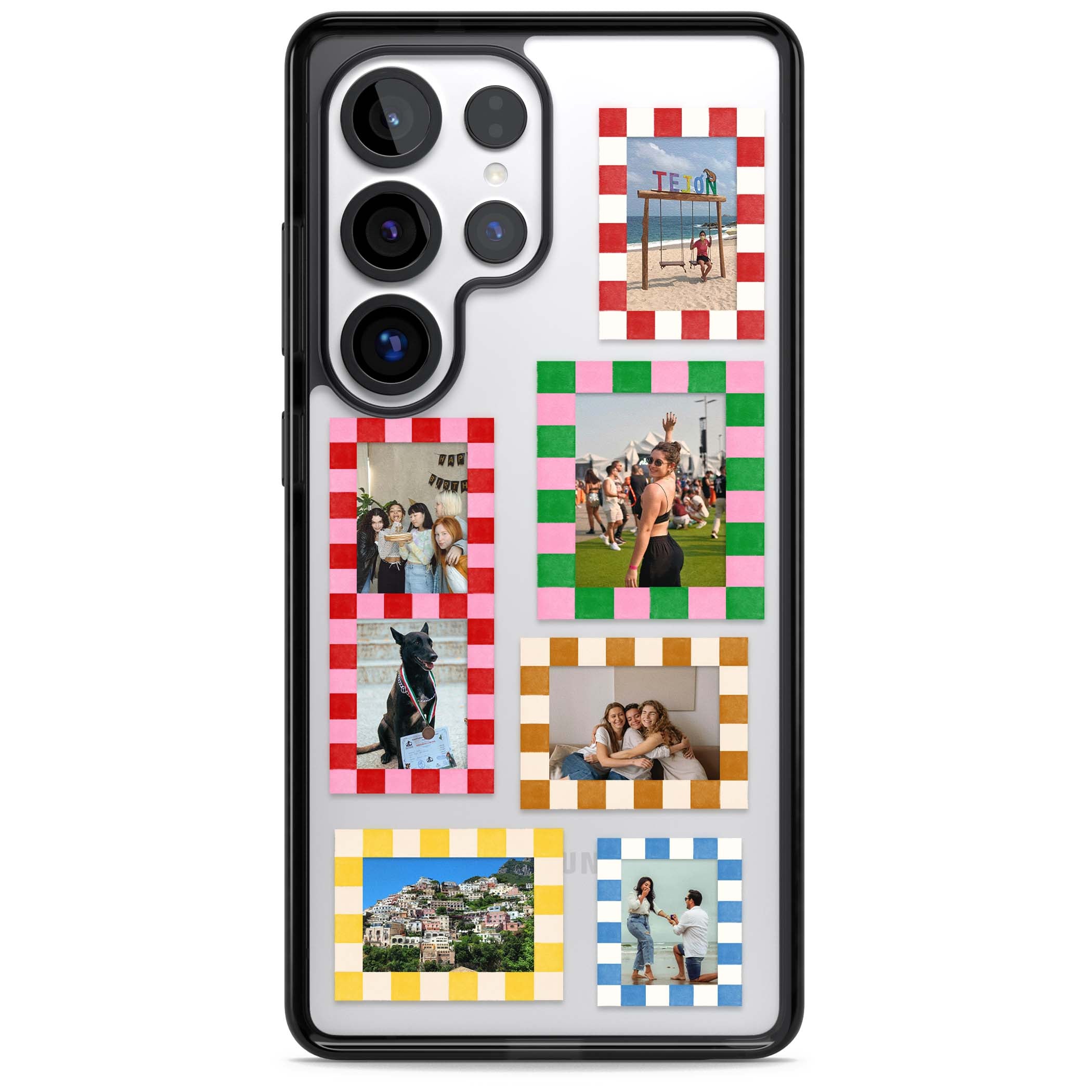 Italian Check Frames custom photo collage iPhone case featuring six checkered photo frames in red, green, pink and  | Black Impact case for Samsung Galaxy S25 Ultra
