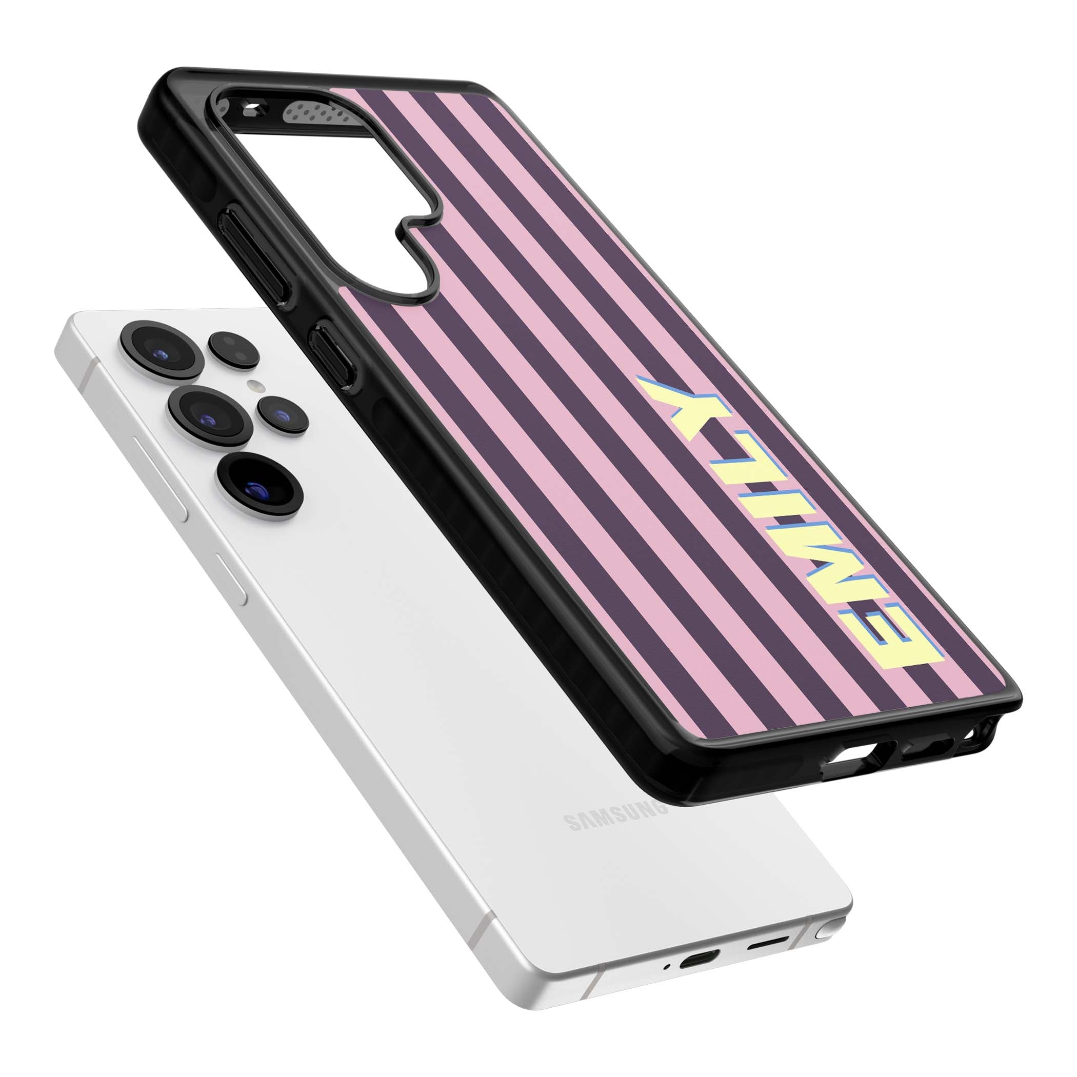 Tyre Stripe personalised stripe iPhone case with plum and pink vertical stripes and custom yellow name | Black Impact case for Samsung Galaxy S25 Ultra