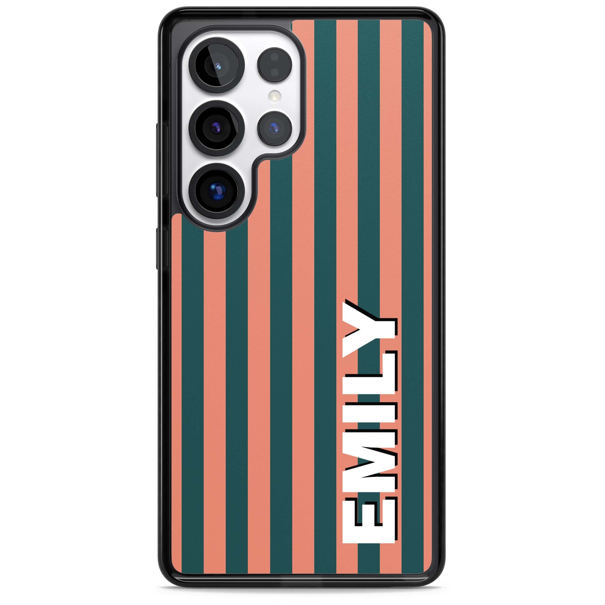Tuscan Stripe personalised iPhone case featuring coral and green vertical stripes with bold custom name | Black Impact case for Samsung Galaxy S25 Ultra