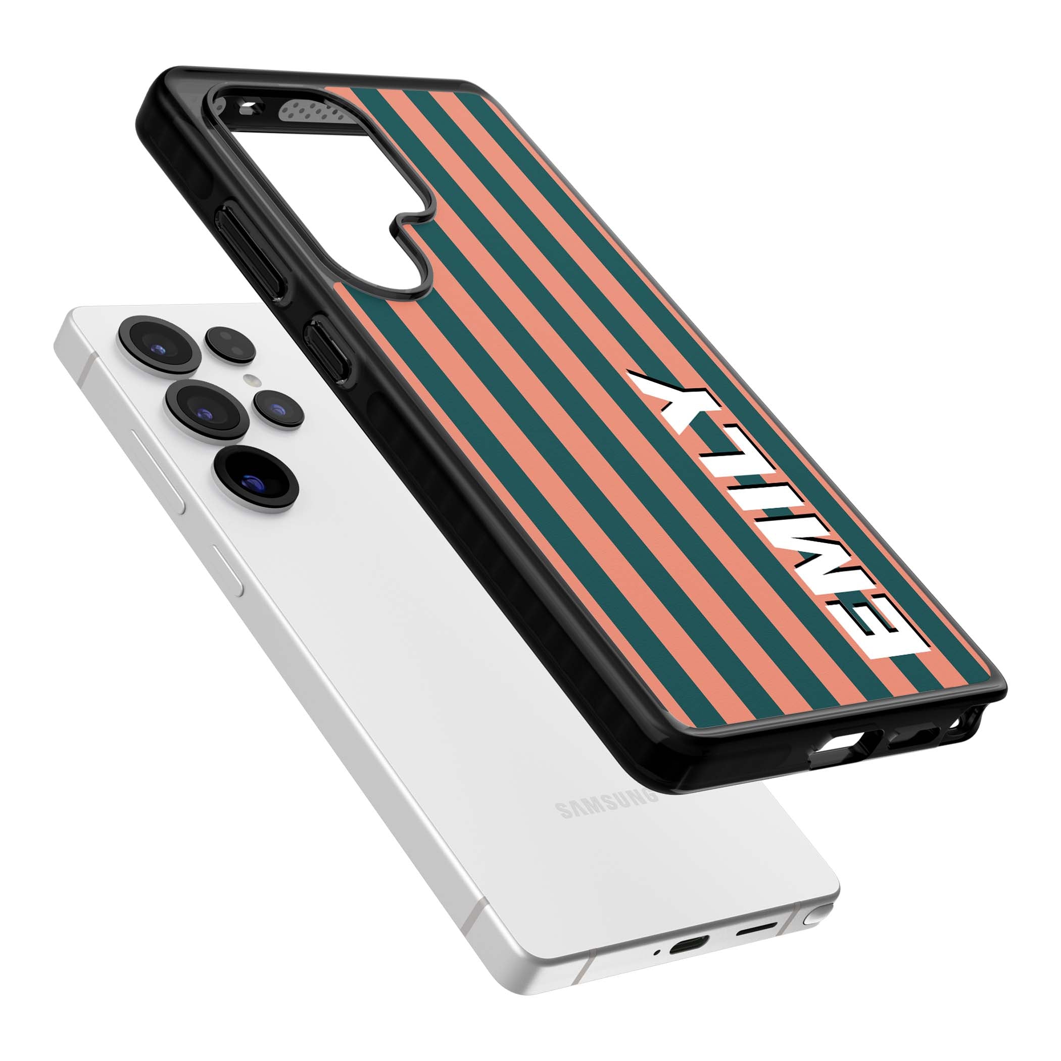 Tuscan Stripe personalised iPhone case featuring coral and green vertical stripes with bold custom name | Black Impact case for Samsung Galaxy S25 Ultra