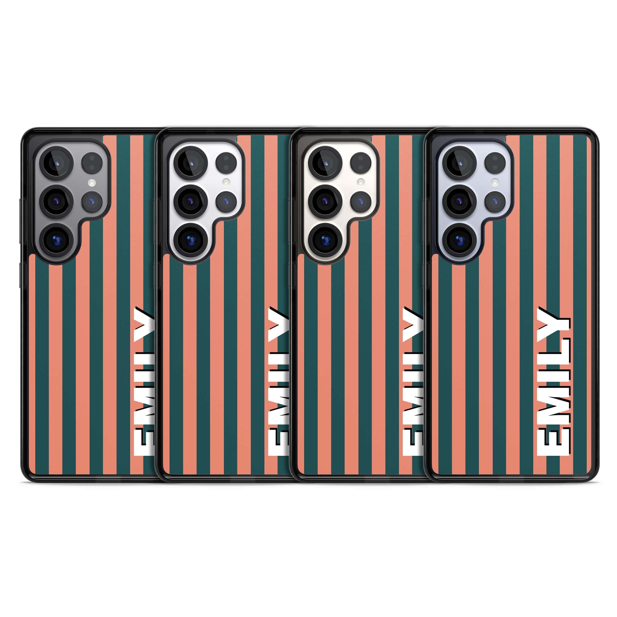 Tuscan Stripe personalised iPhone case featuring coral and green vertical stripes with bold custom name | Black Impact case for Samsung Galaxy S25 Ultra