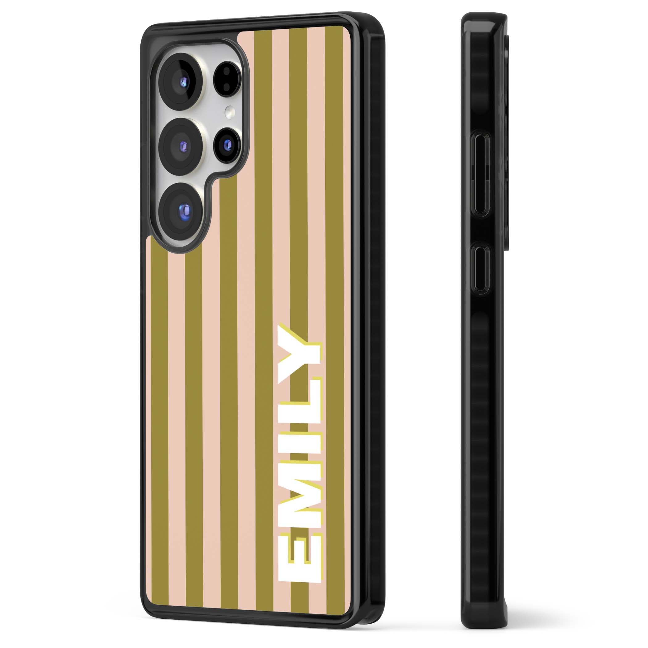 Indian Stripe personalised iPhone case featuring olive green and blush pink vertical stripes with custom name in whit | Black Impact case for Samsung Galaxy S25 Ultra