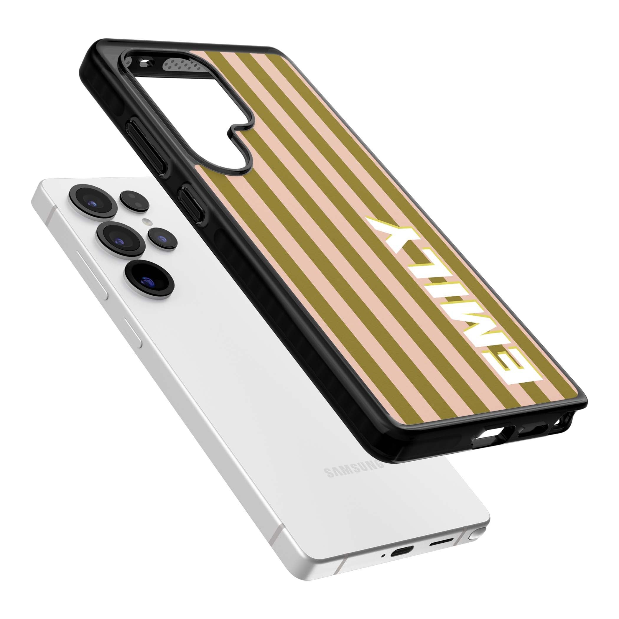 Indian Stripe personalised iPhone case featuring olive green and blush pink vertical stripes with custom name in whit | Black Impact case for Samsung Galaxy S25 Ultra