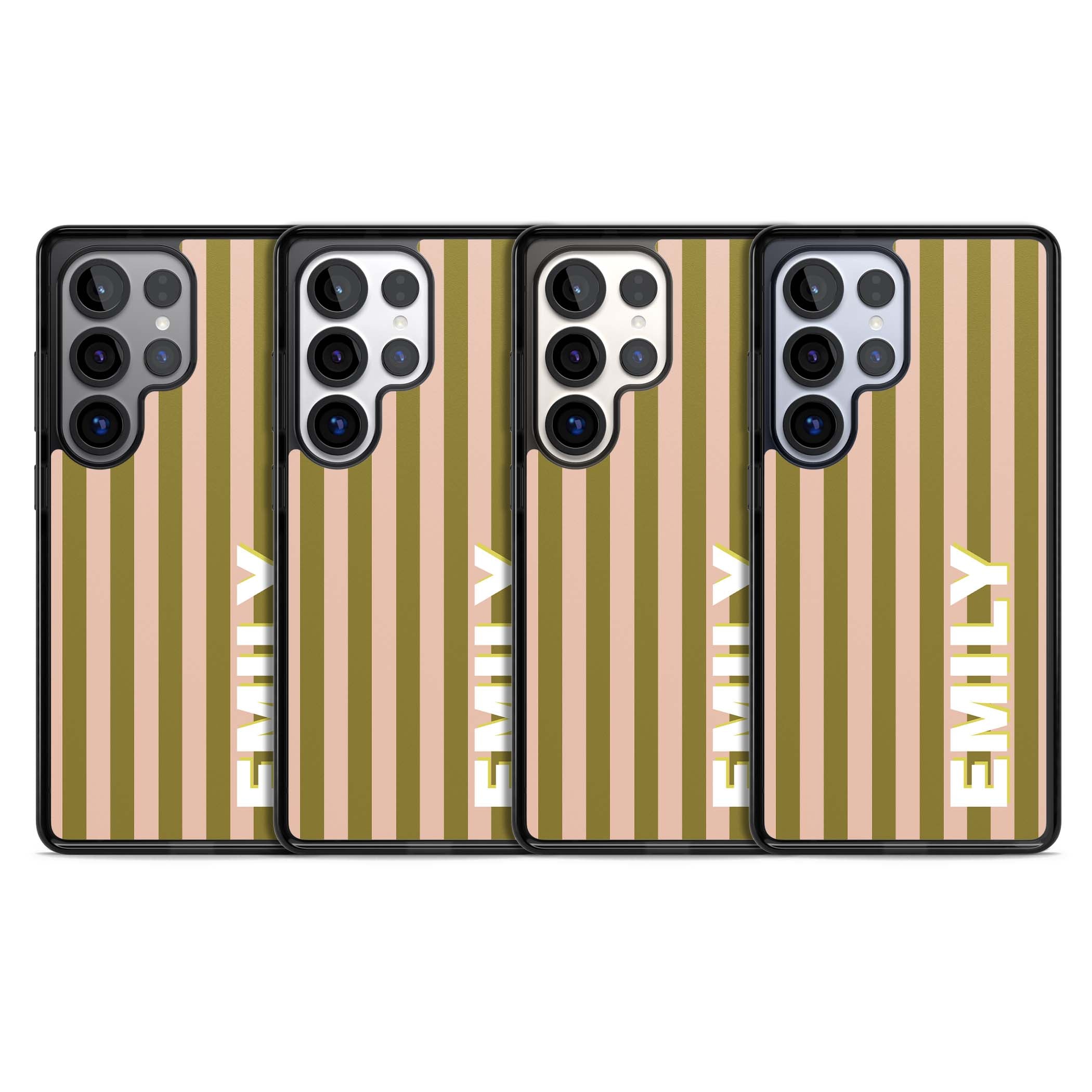 Indian Stripe personalised iPhone case featuring olive green and blush pink vertical stripes with custom name in whit | Black Impact case for Samsung Galaxy S25 Ultra