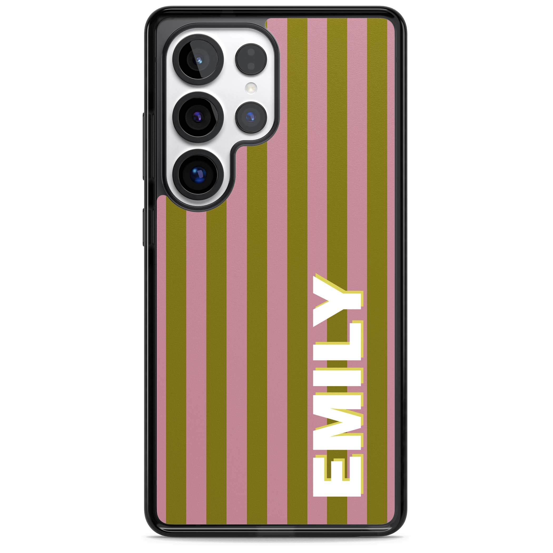 Istanbul Stripe personalised iPhone case featuring pink and olive green vertical stripes with a custom vertical name | Black Impact case for Samsung Galaxy S25 Ultra