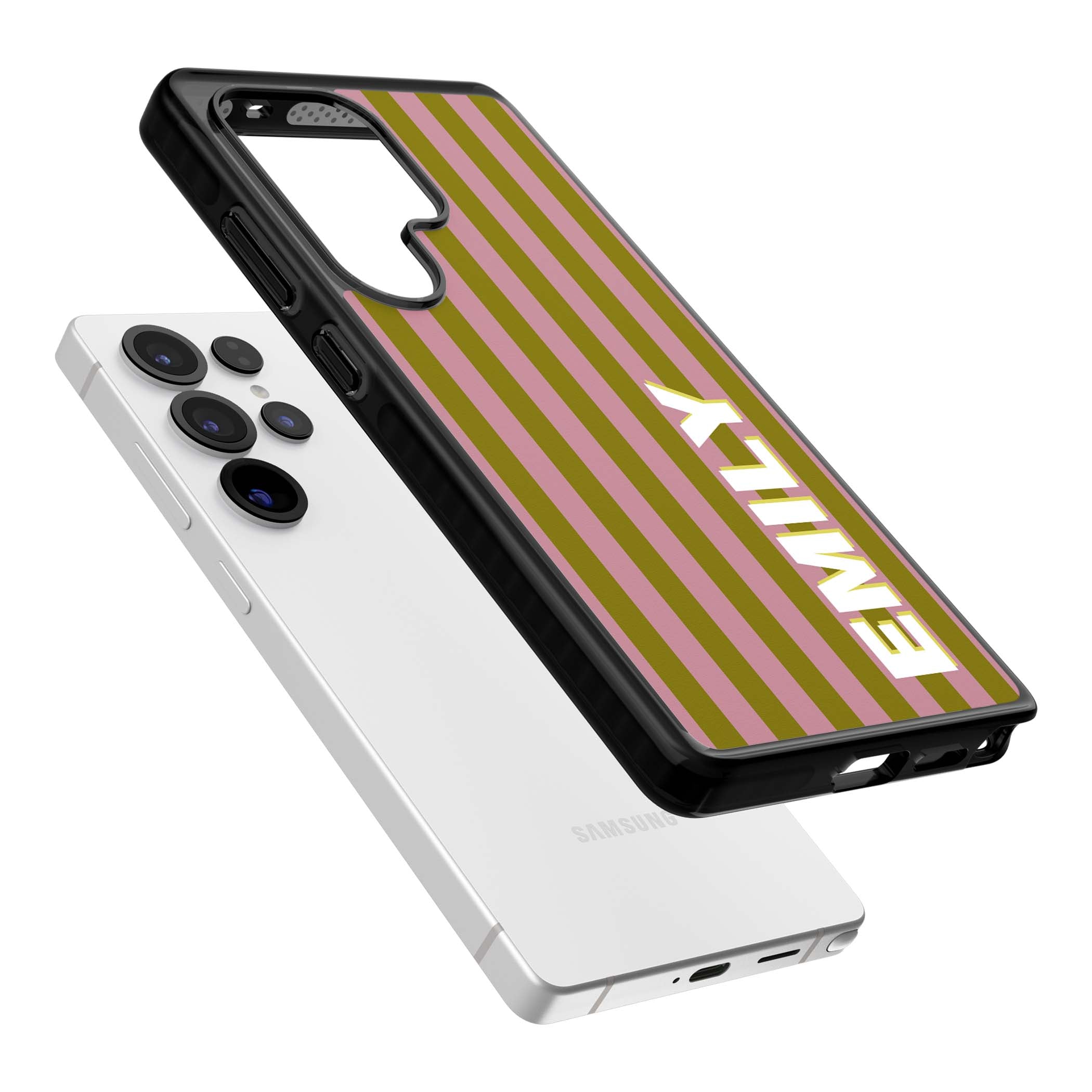 Istanbul Stripe personalised iPhone case featuring pink and olive green vertical stripes with a custom vertical name | Black Impact case for Samsung Galaxy S25 Ultra