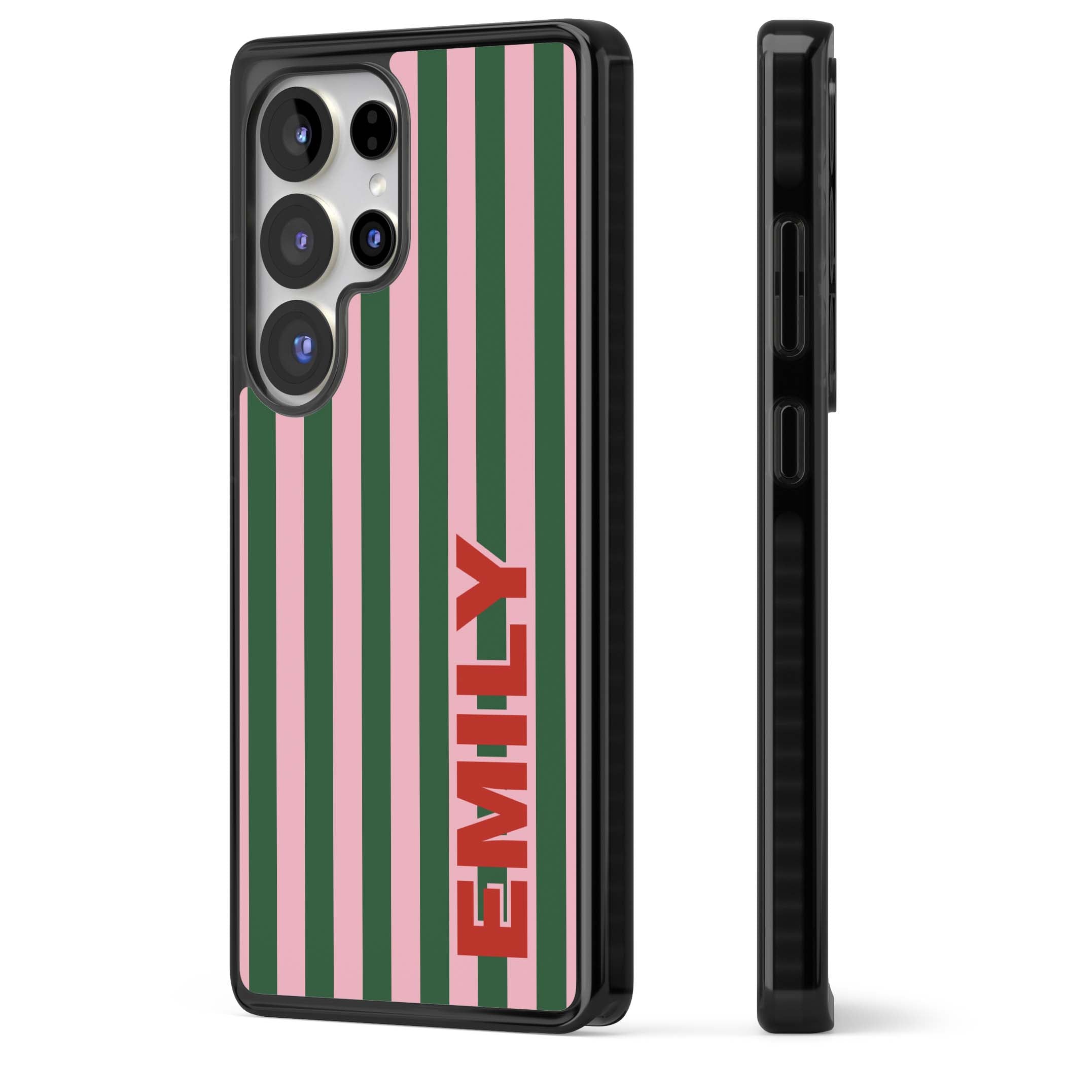 Italian Stripe preppy iPhone case featuring pink and green vertical stripes with personalised red name | Black Impact case for Samsung Galaxy S25 Ultra