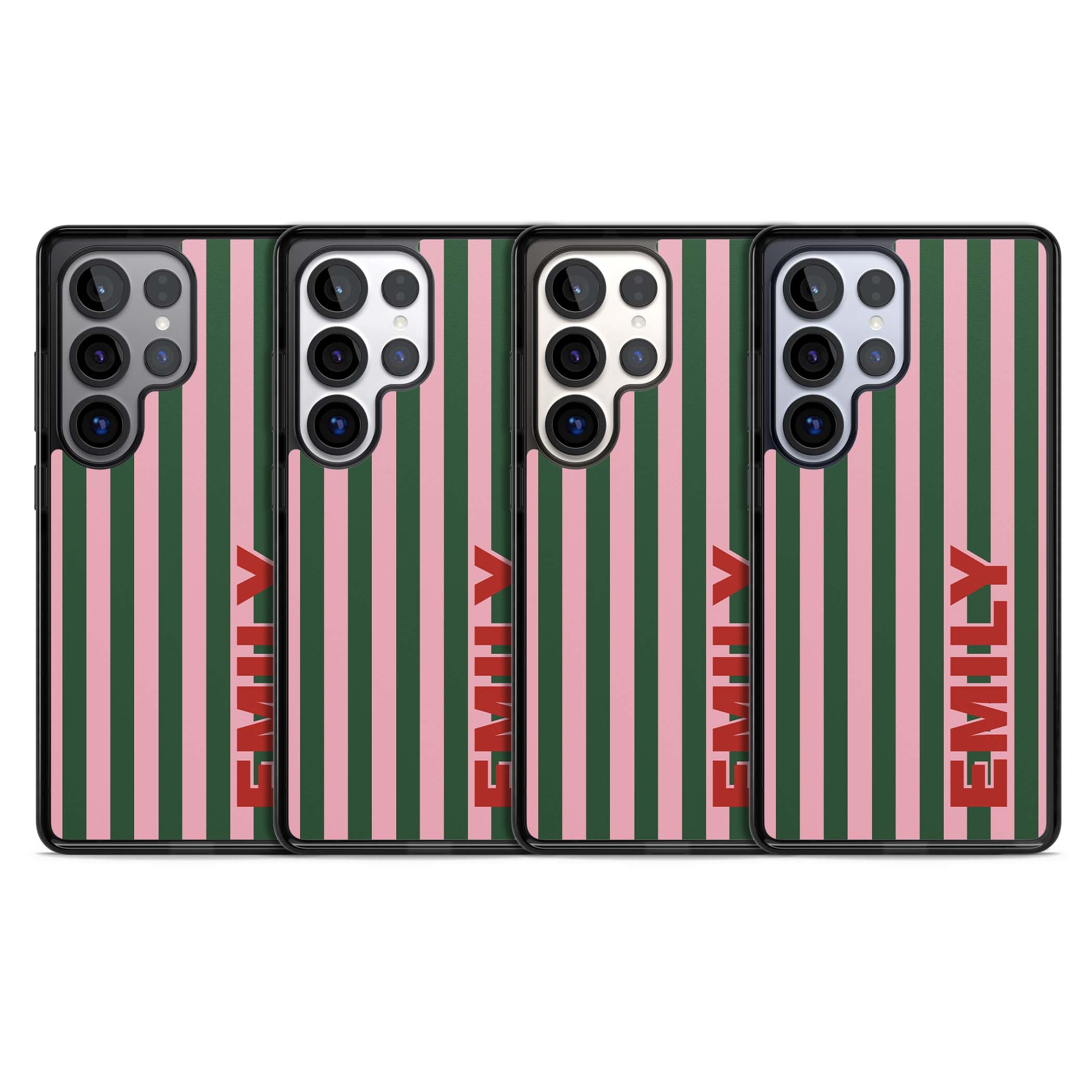 Italian Stripe preppy iPhone case featuring pink and green vertical stripes with personalised red name | Black Impact case for Samsung Galaxy S25 Ultra