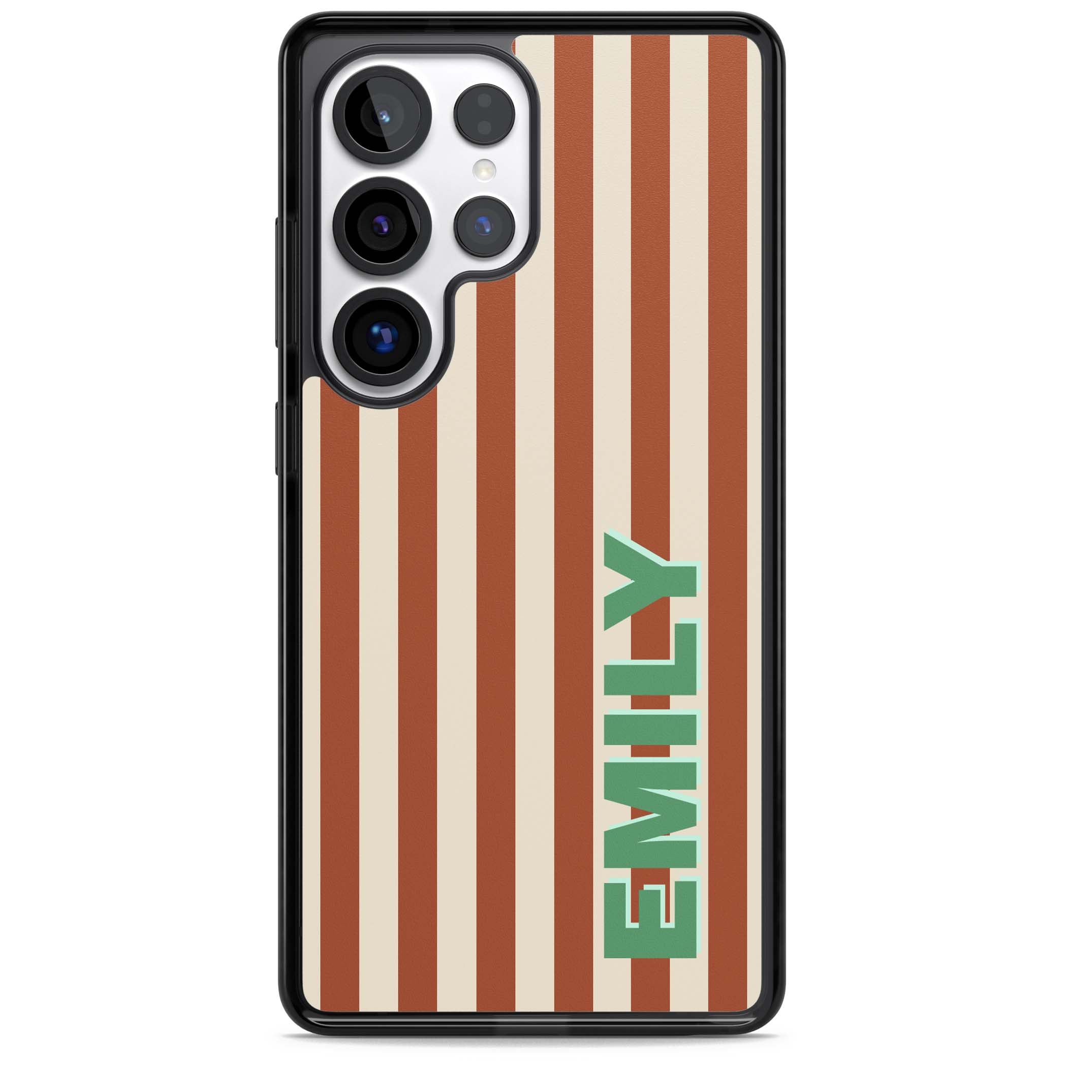 Dune Stripe personalised iPhone case with rust and cream vertical stripes and custom name in mint green | Black Impact case for Samsung Galaxy S25 Ultra