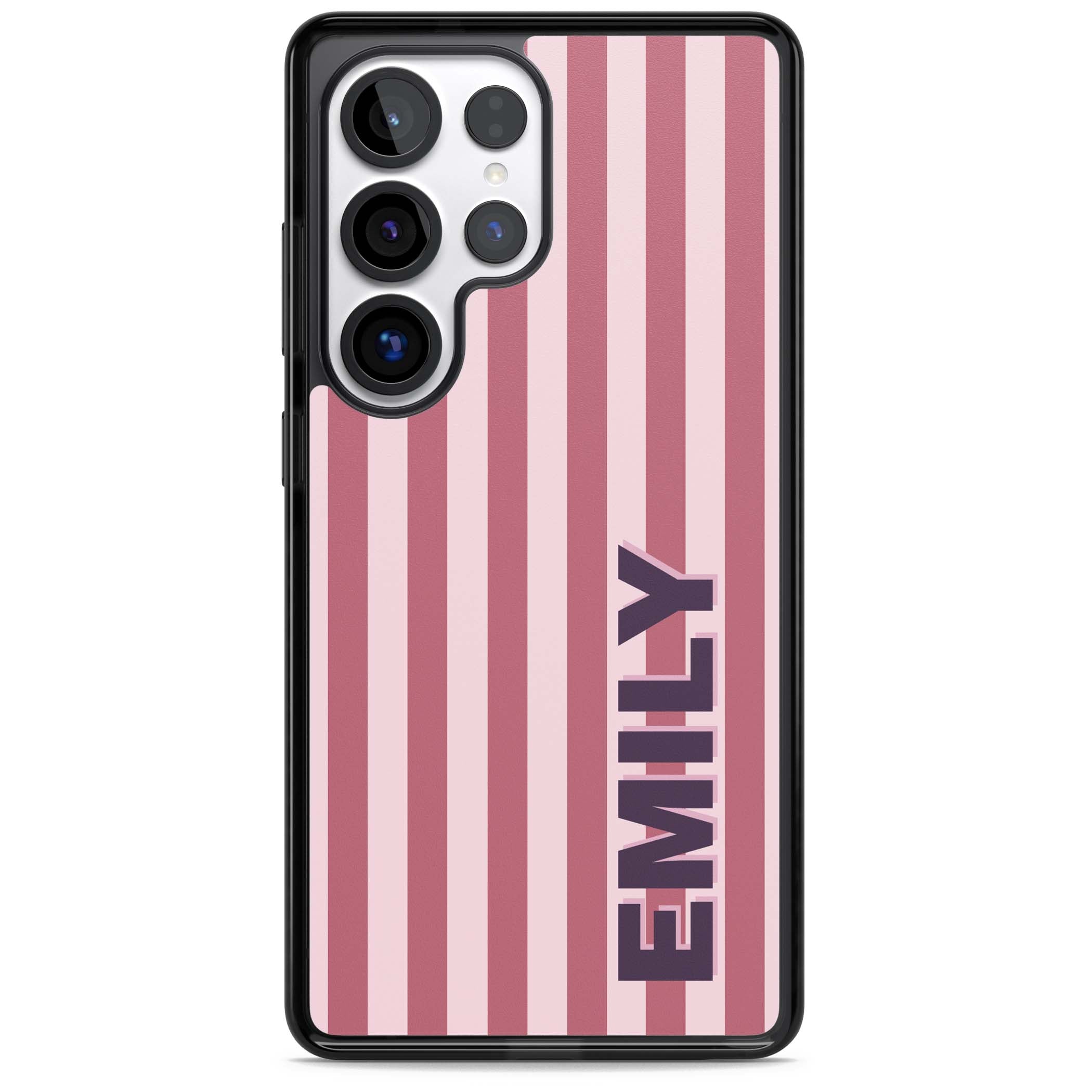Victoria Stripe personalised iPhone case featuring pink vertical stripes and custom name in bold plum lettering | Black Impact case for Samsung Galaxy S25 Ultra