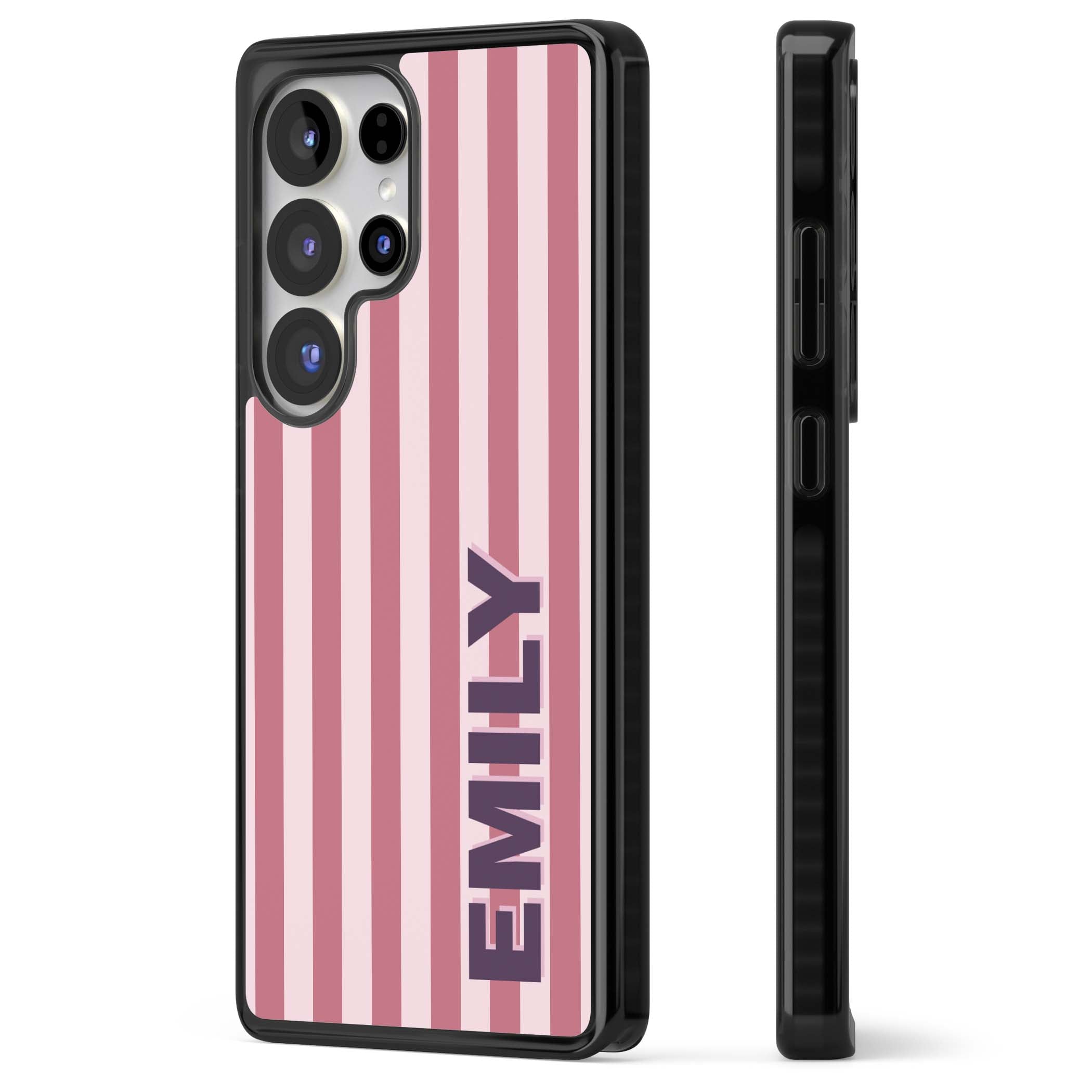 Victoria Stripe personalised iPhone case featuring pink vertical stripes and custom name in bold plum lettering | Black Impact case for Samsung Galaxy S25 Ultra