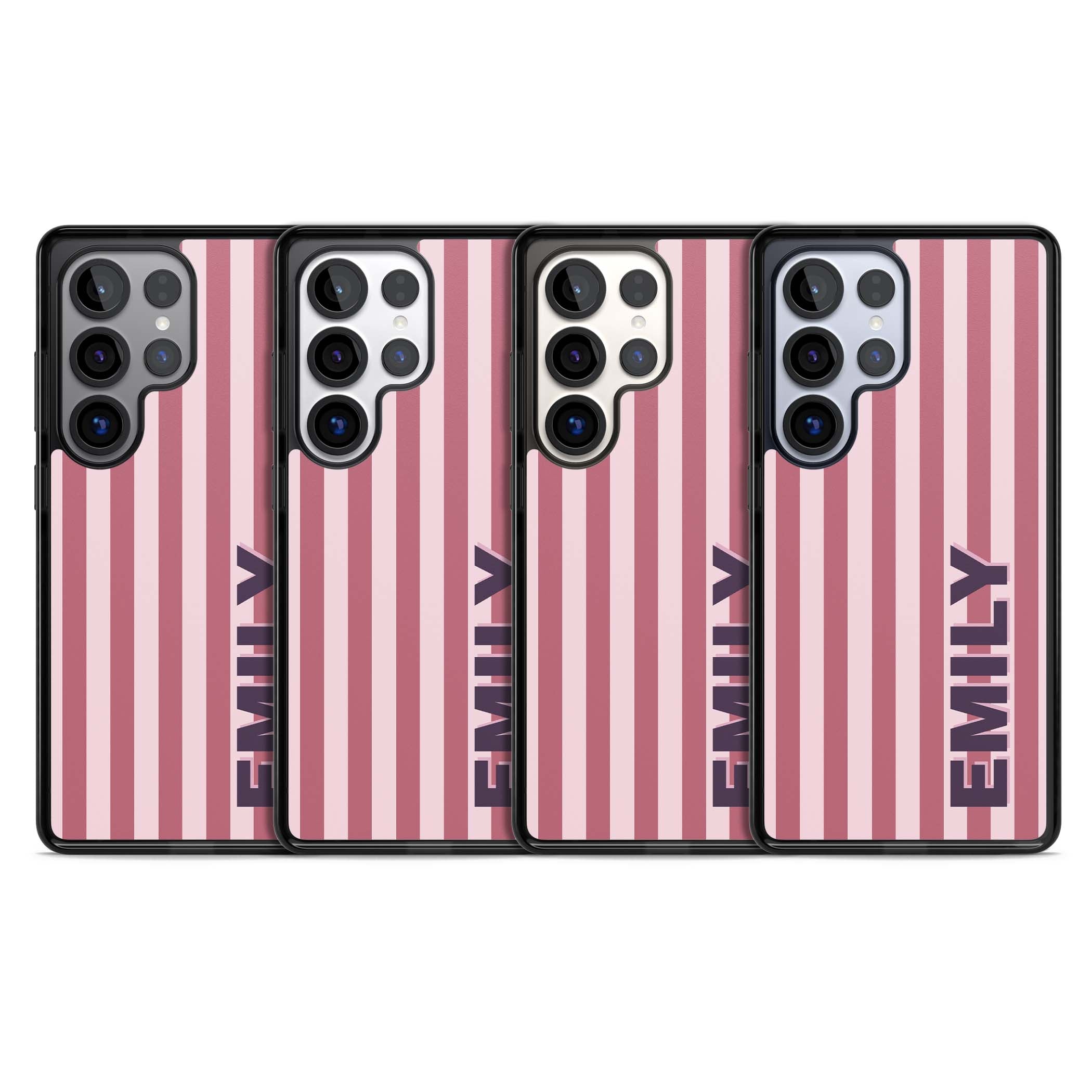 Victoria Stripe personalised iPhone case featuring pink vertical stripes and custom name in bold plum lettering | Black Impact case for Samsung Galaxy S25 Ultra