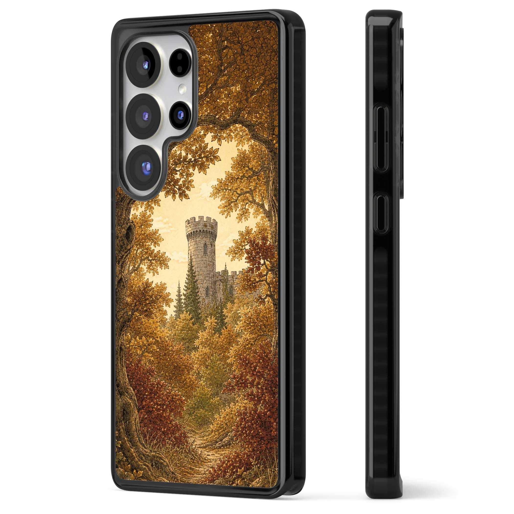 Autumn Keep cottagecore iPhone case featuring a medieval castle tower framed by golden autumn trees and woodland foliage | Black Impact case for Samsung Galaxy S25 Ultra