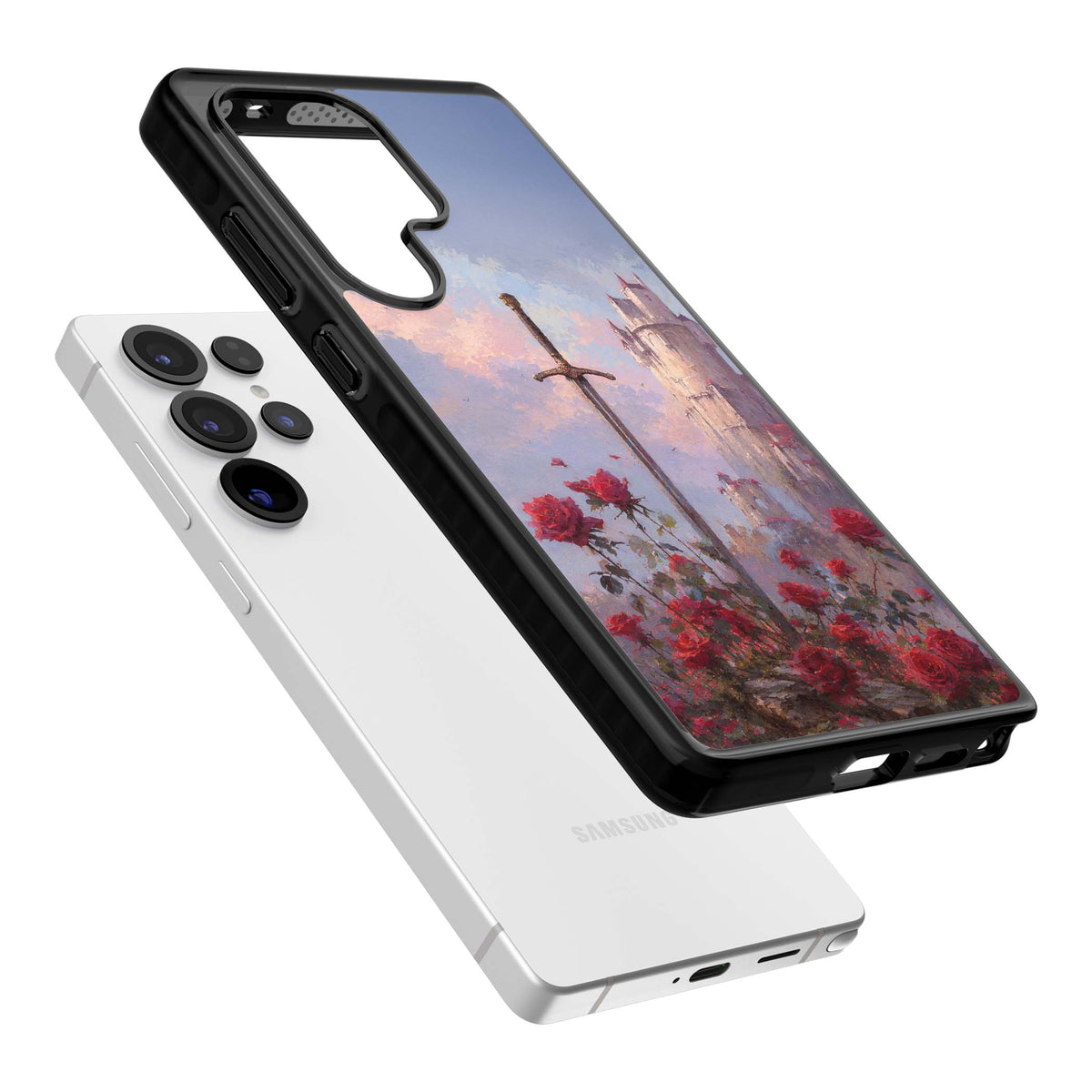 Sword in Roses medieval art iPhone case featuring a sword, red roses, and a misty fairytale castle at sunset | Black Impact case for Samsung Galaxy S25 Ultra