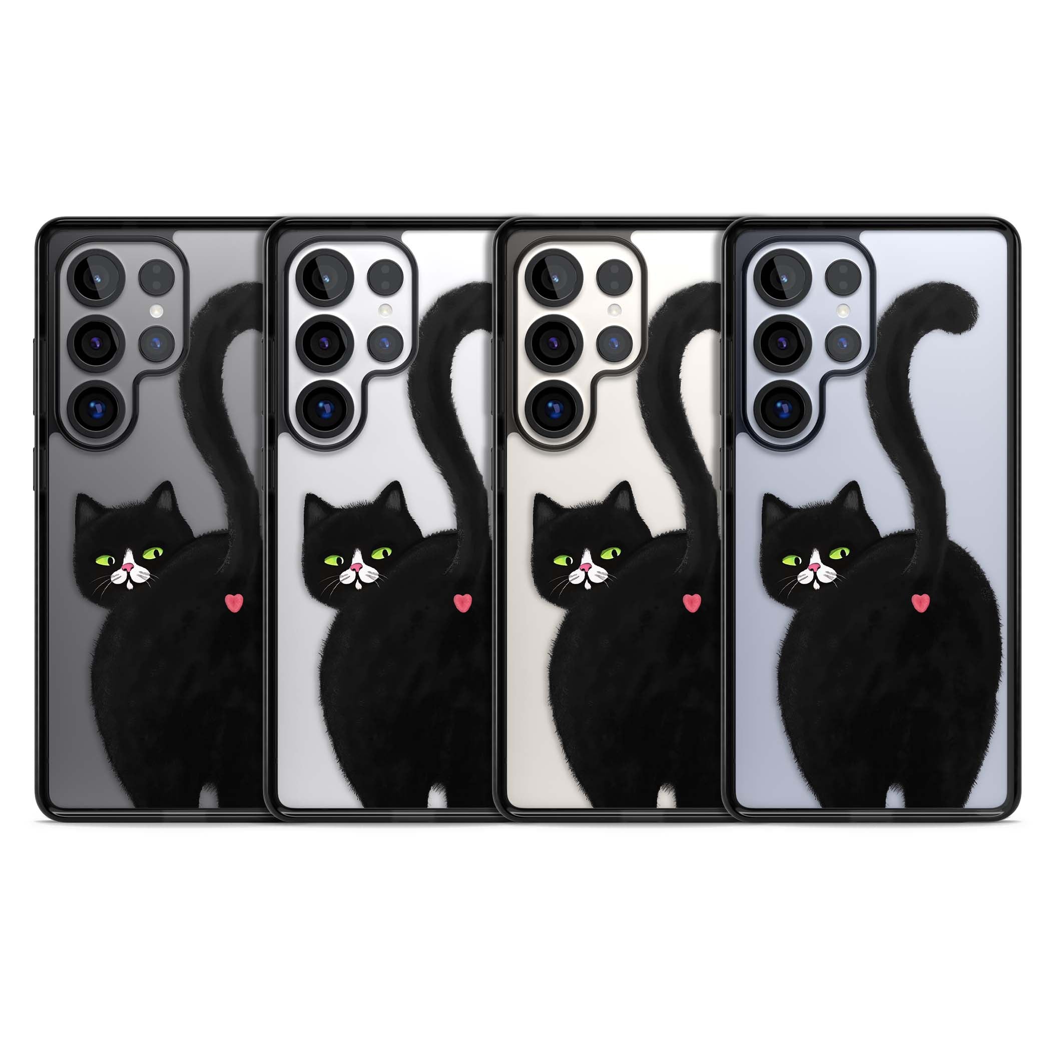 The Cat's Kiss cute cat iPhone case featuring a hand-painted tuxedo kitty with green eyes and a pink heart on a clear  | Black Impact case for Samsung Galaxy S25 Ultra