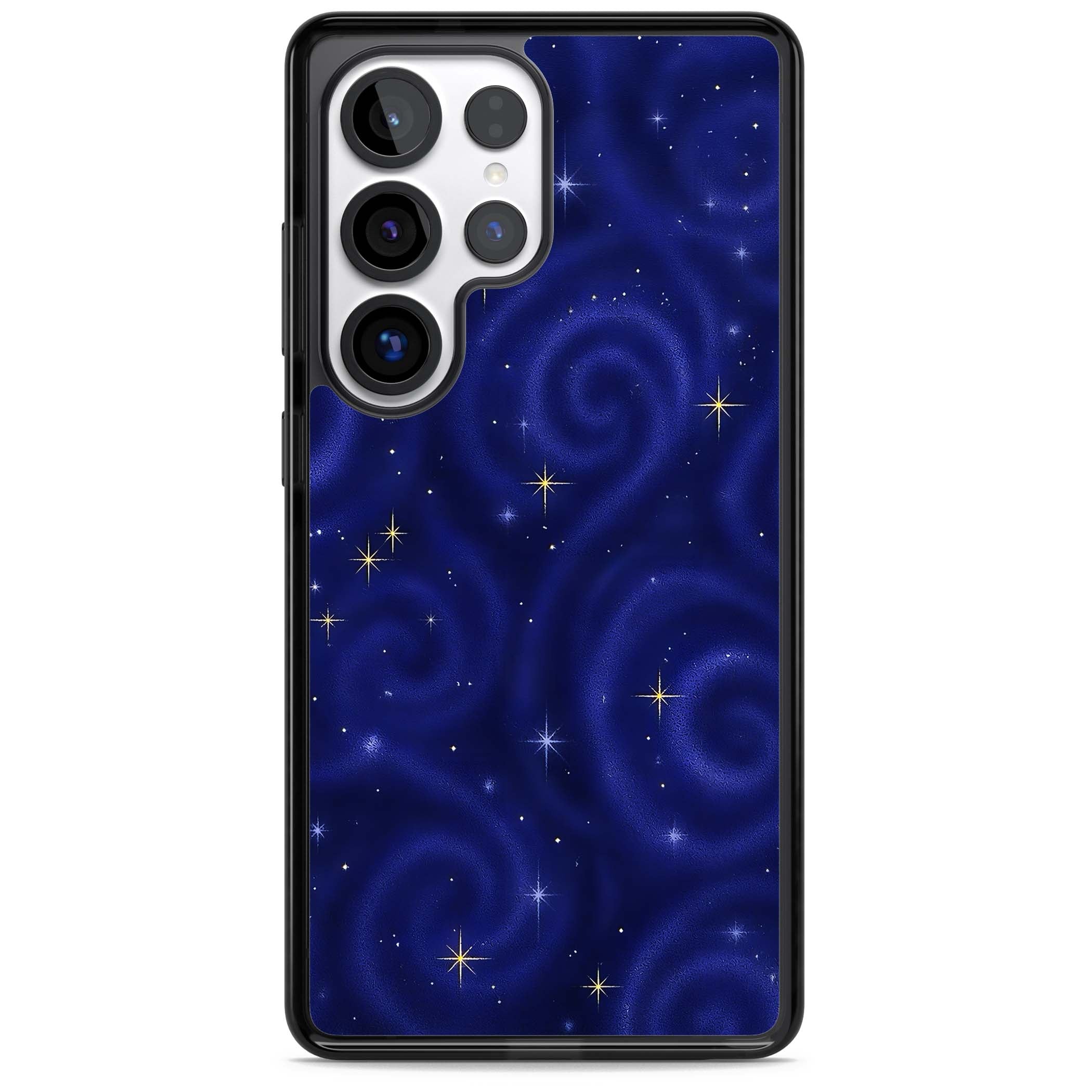 Indigo Cosmos celestial iPhone case featuring swirling navy night sky and sparkling golden stars | Black Impact case for Samsung Galaxy S25 Ultra