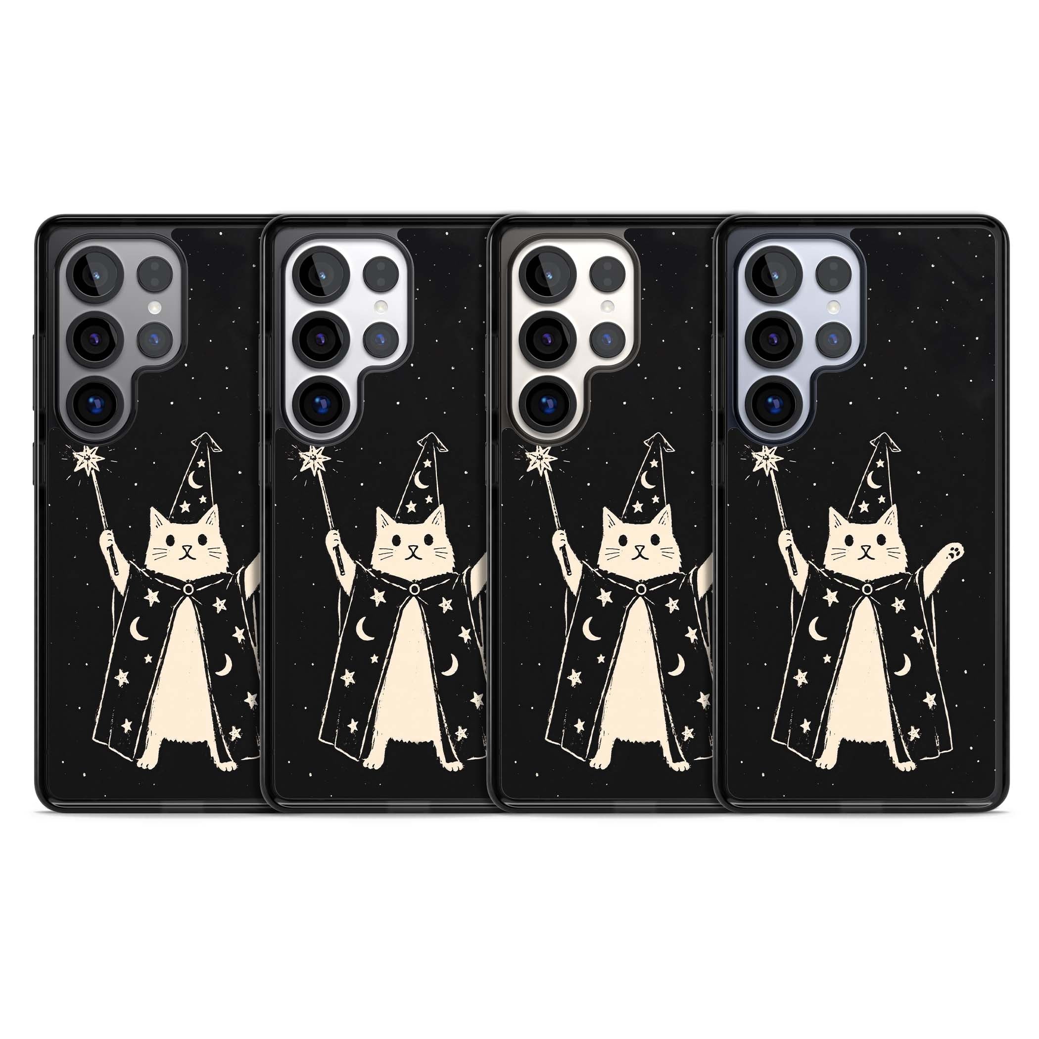 Whisker Wizard celestial cat iPhone case featuring a wizard cat with magic wand, starry night sky and crescent moons | Black Impact case for Samsung Galaxy S25 Ultra