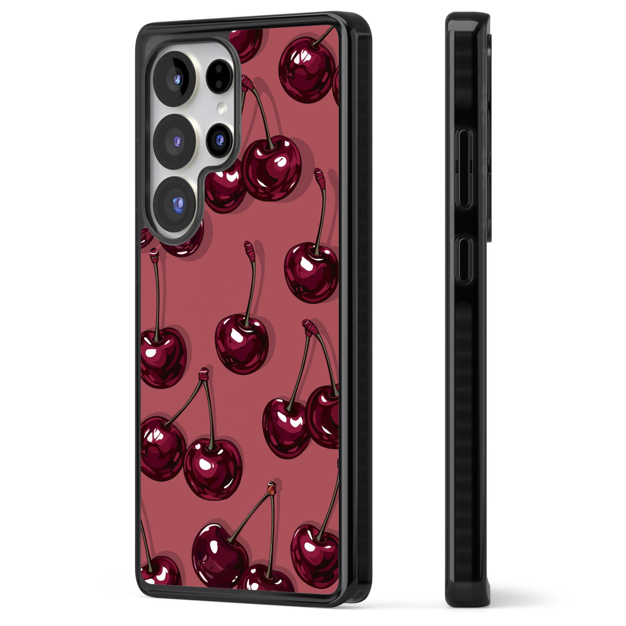Cherry Rebel coquette iPhone case featuring glossy burgundy cherries on a dusty rose background | Black Impact case for Samsung Galaxy S25 Ultra