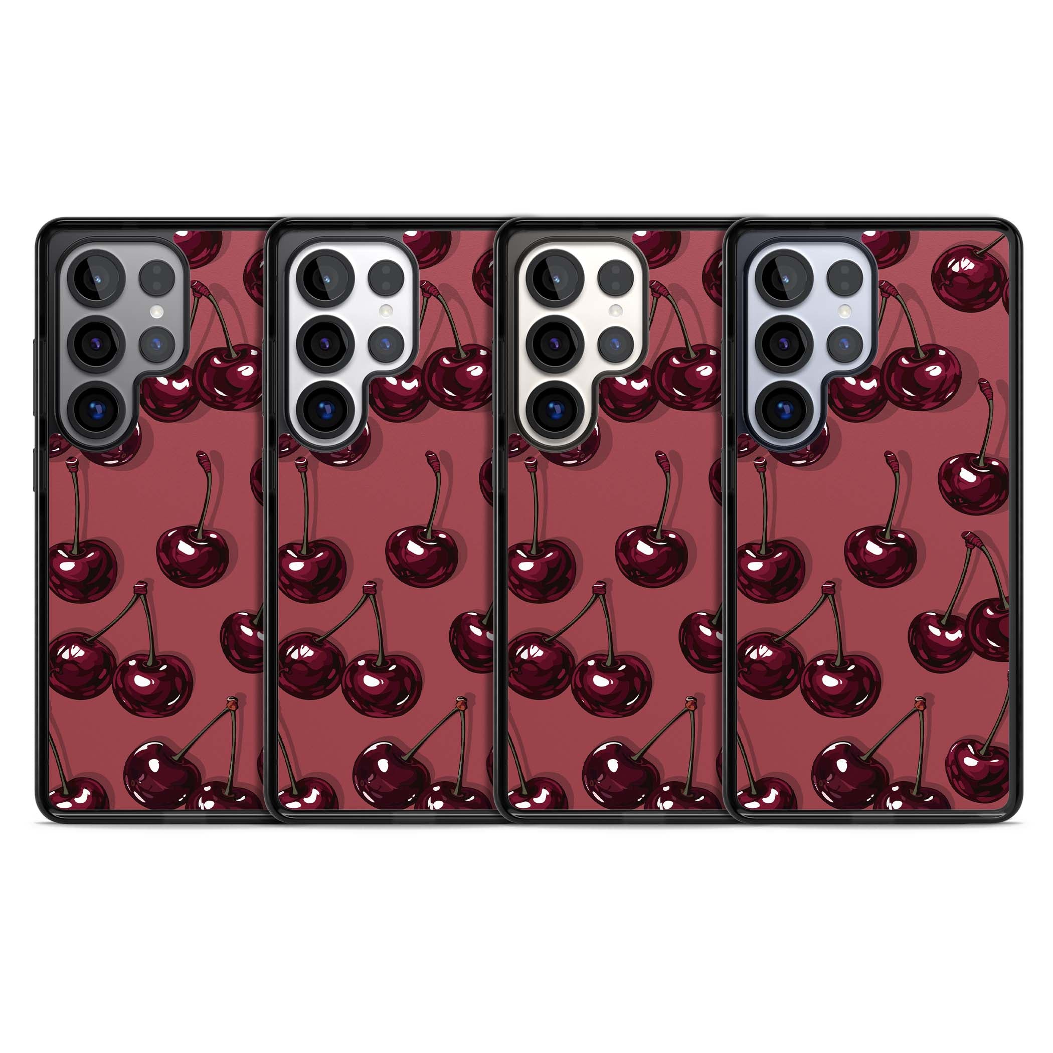 Cherry Rebel coquette iPhone case featuring glossy burgundy cherries on a dusty rose background | Black Impact case for Samsung Galaxy S25 Ultra