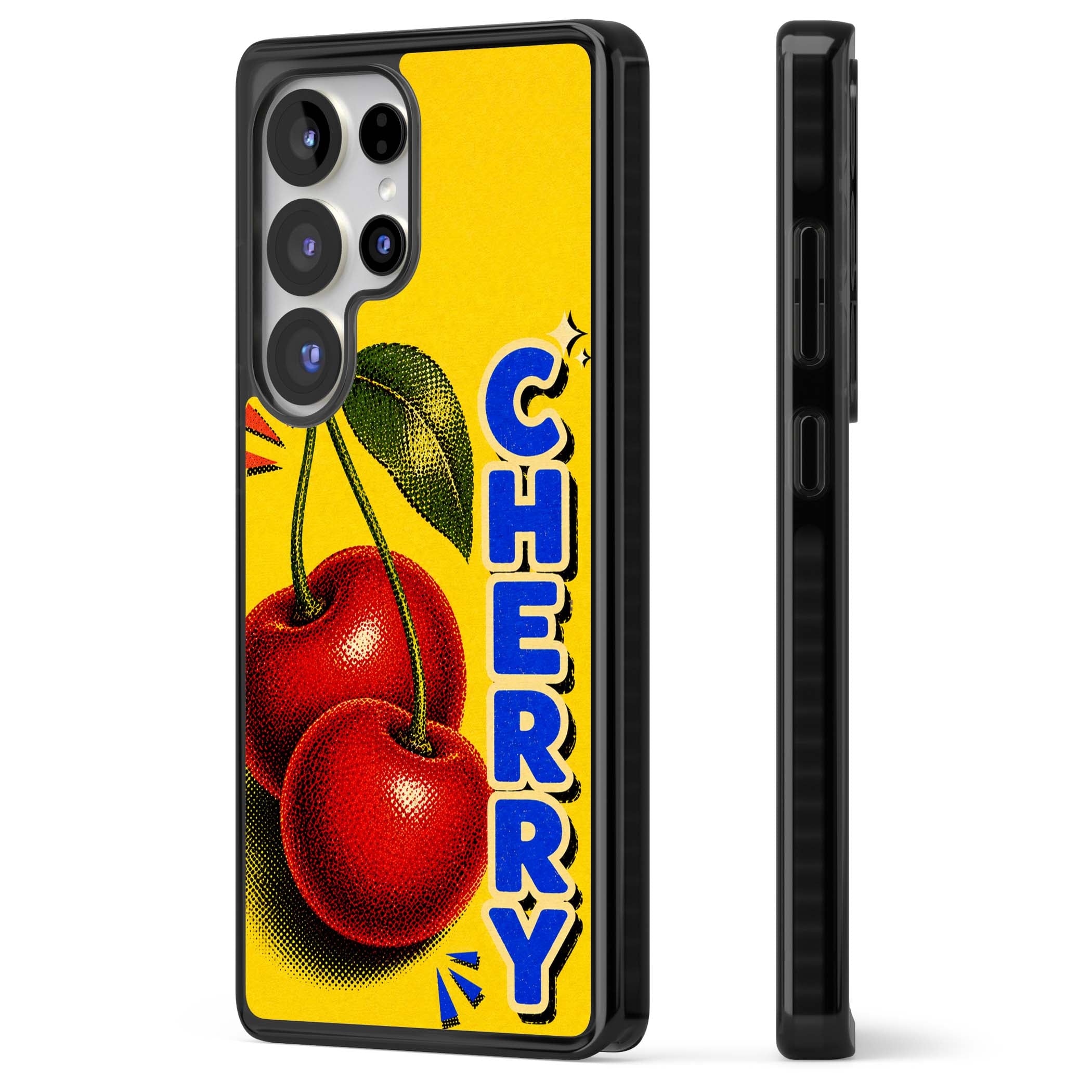 Cherry Yellow y2k iPhone case featuring two red cherries, halftone shading and bold blue CHERRY lettering on yellow | Black Impact case for Samsung Galaxy S25 Ultra