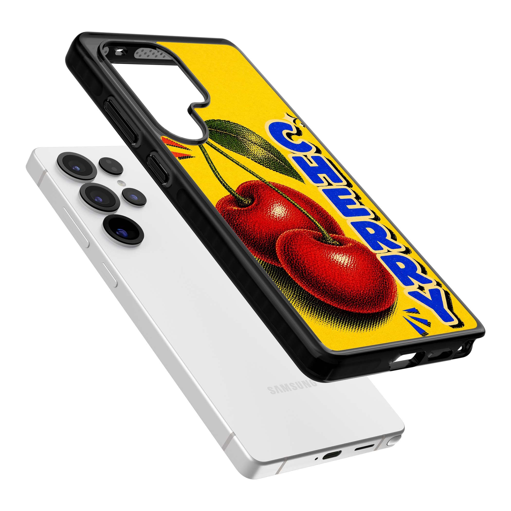 Cherry Yellow y2k iPhone case featuring two red cherries, halftone shading and bold blue CHERRY lettering on yellow | Black Impact case for Samsung Galaxy S25 Ultra