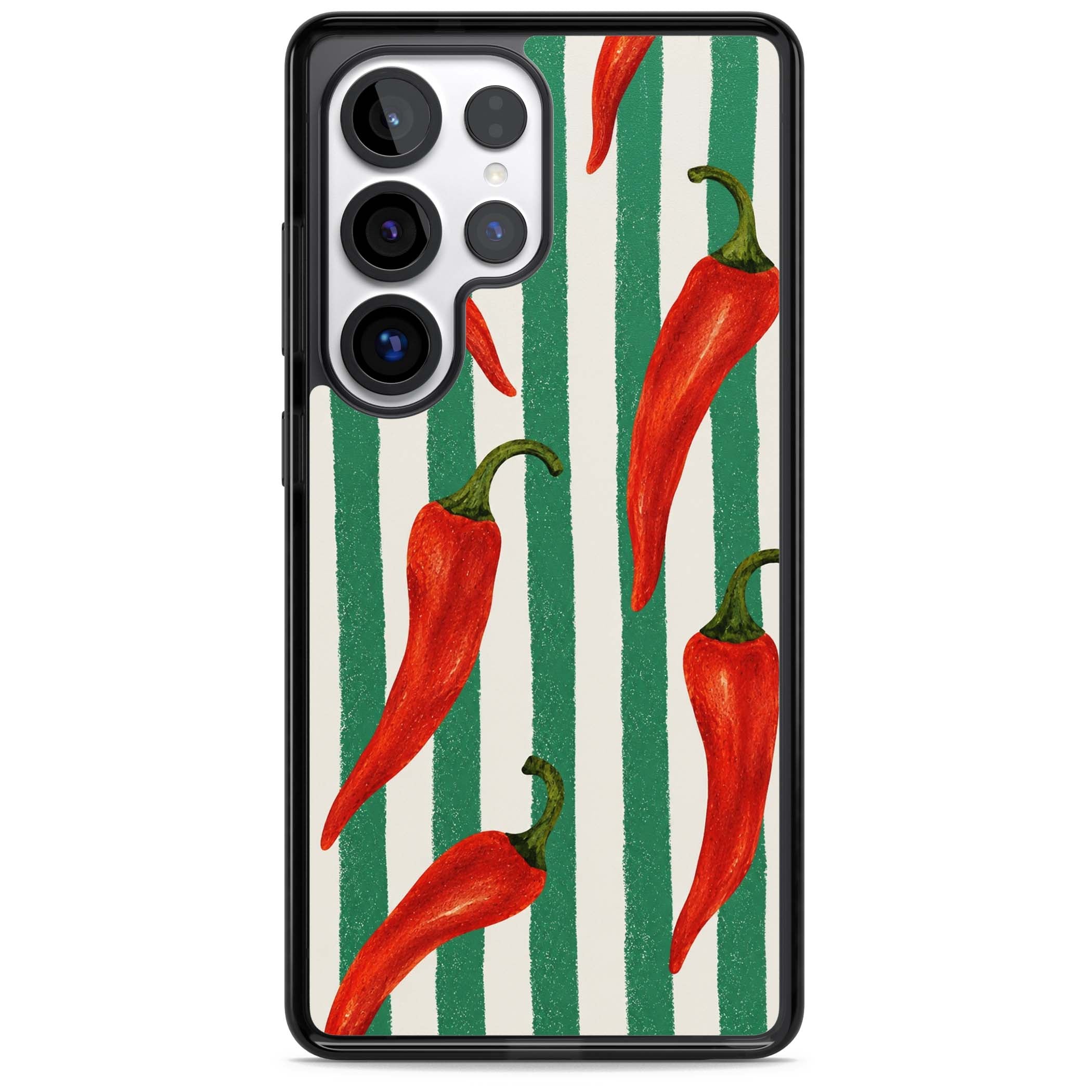 Striped Chillis coastal iPhone case featuring hand-painted red chili peppers on green and cream stripes | Black Impact case for Samsung Galaxy S25 Ultra