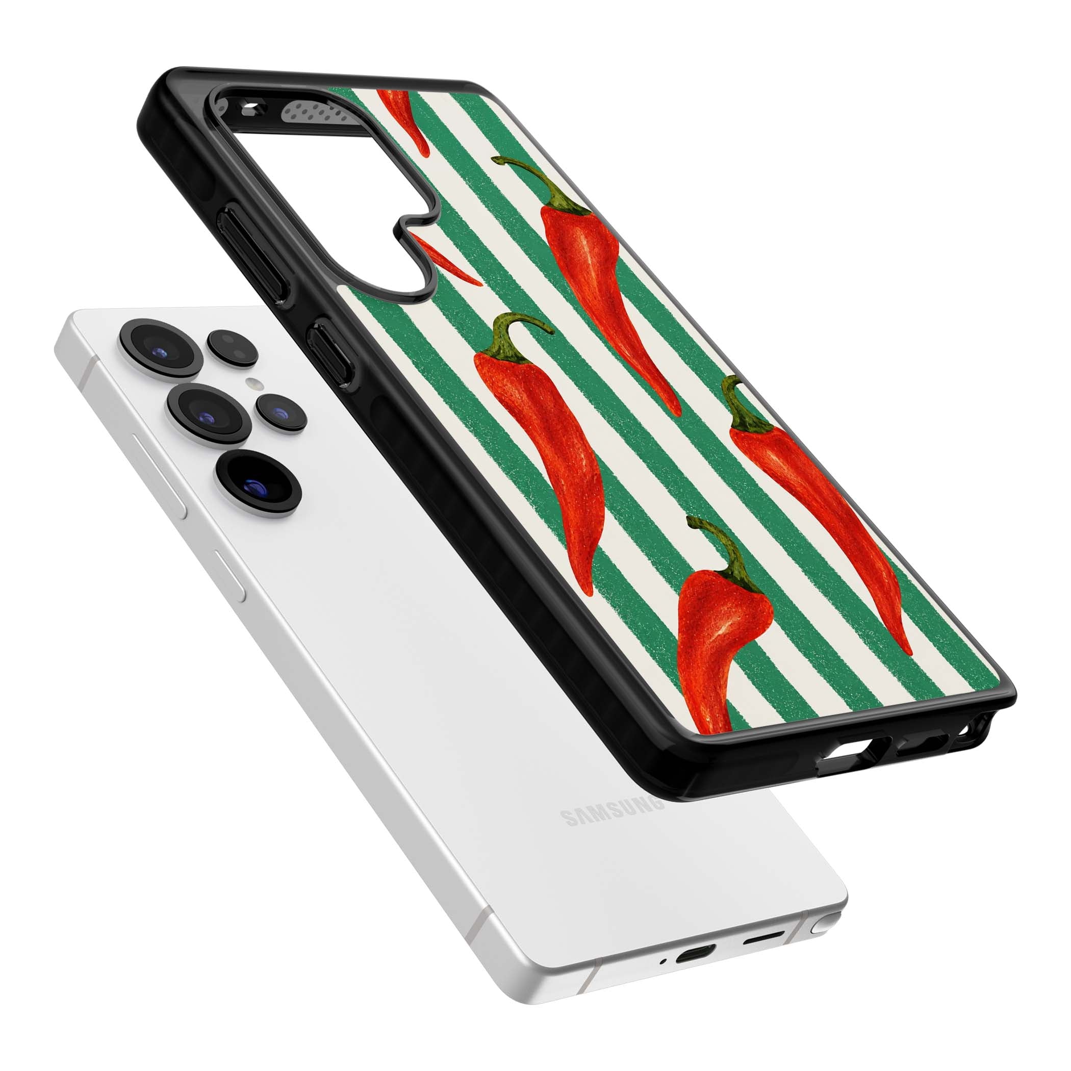 Striped Chillis coastal iPhone case featuring hand-painted red chili peppers on green and cream stripes | Black Impact case for Samsung Galaxy S25 Ultra