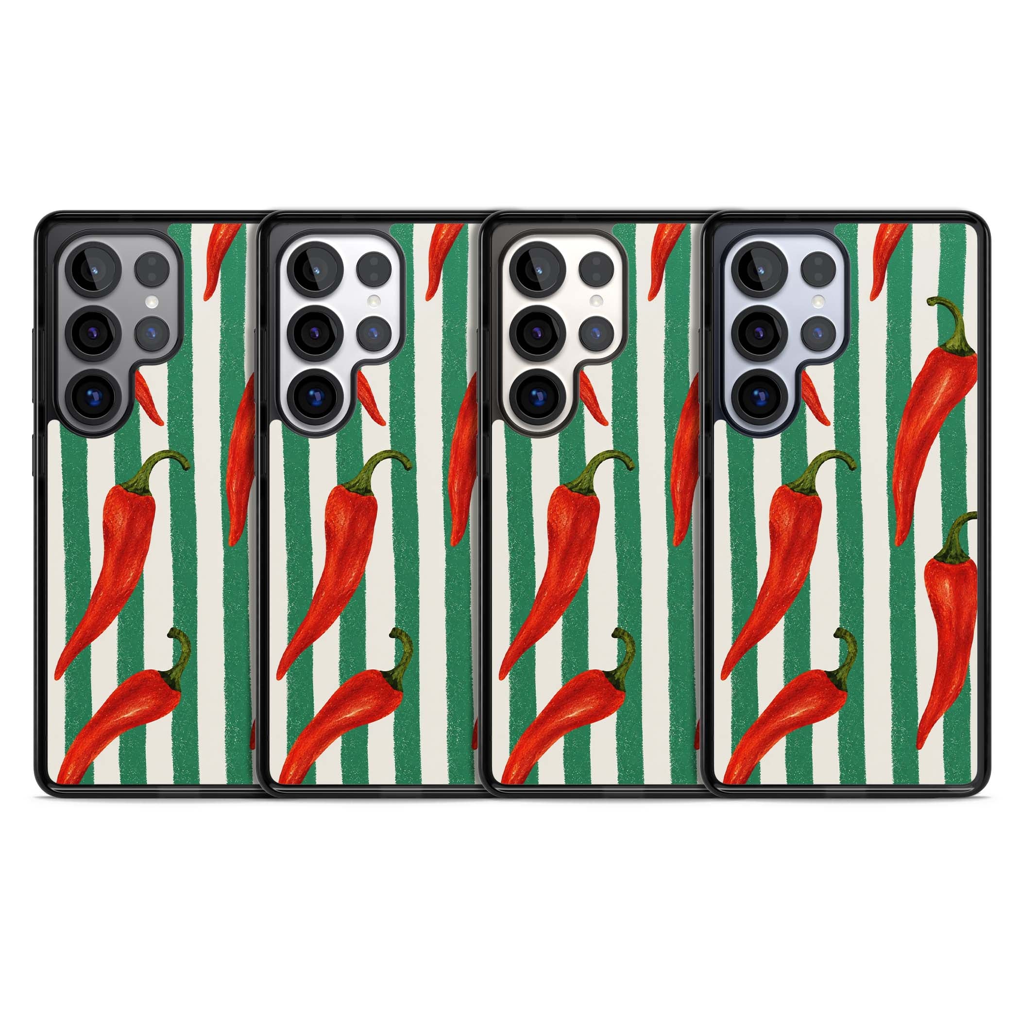Striped Chillis coastal iPhone case featuring hand-painted red chili peppers on green and cream stripes | Black Impact case for Samsung Galaxy S25 Ultra