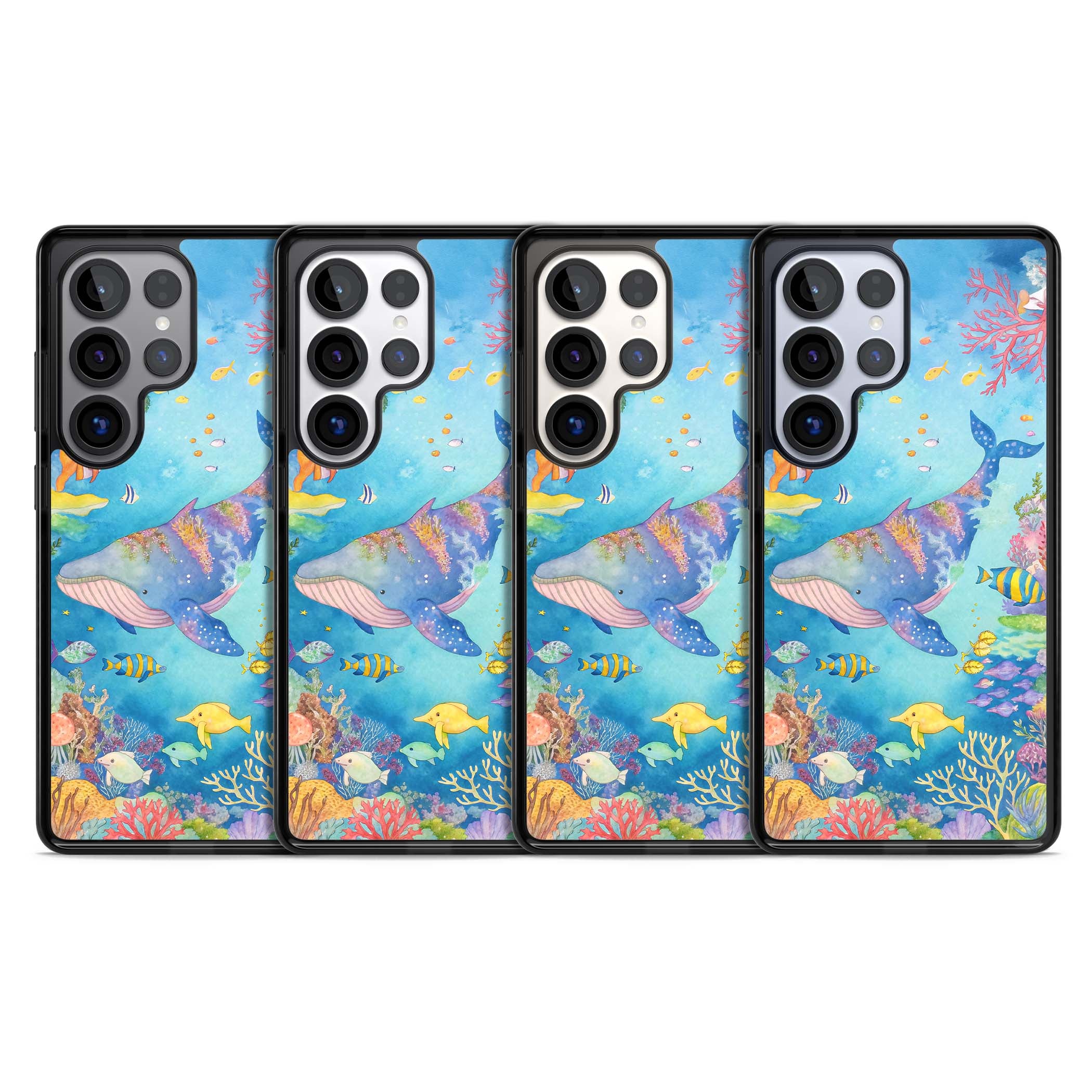 Coral Lagoon ocean iPhone case featuring a watercolour whale, coral reef and tropical fish | Black Impact case for Samsung Galaxy S25 Ultra