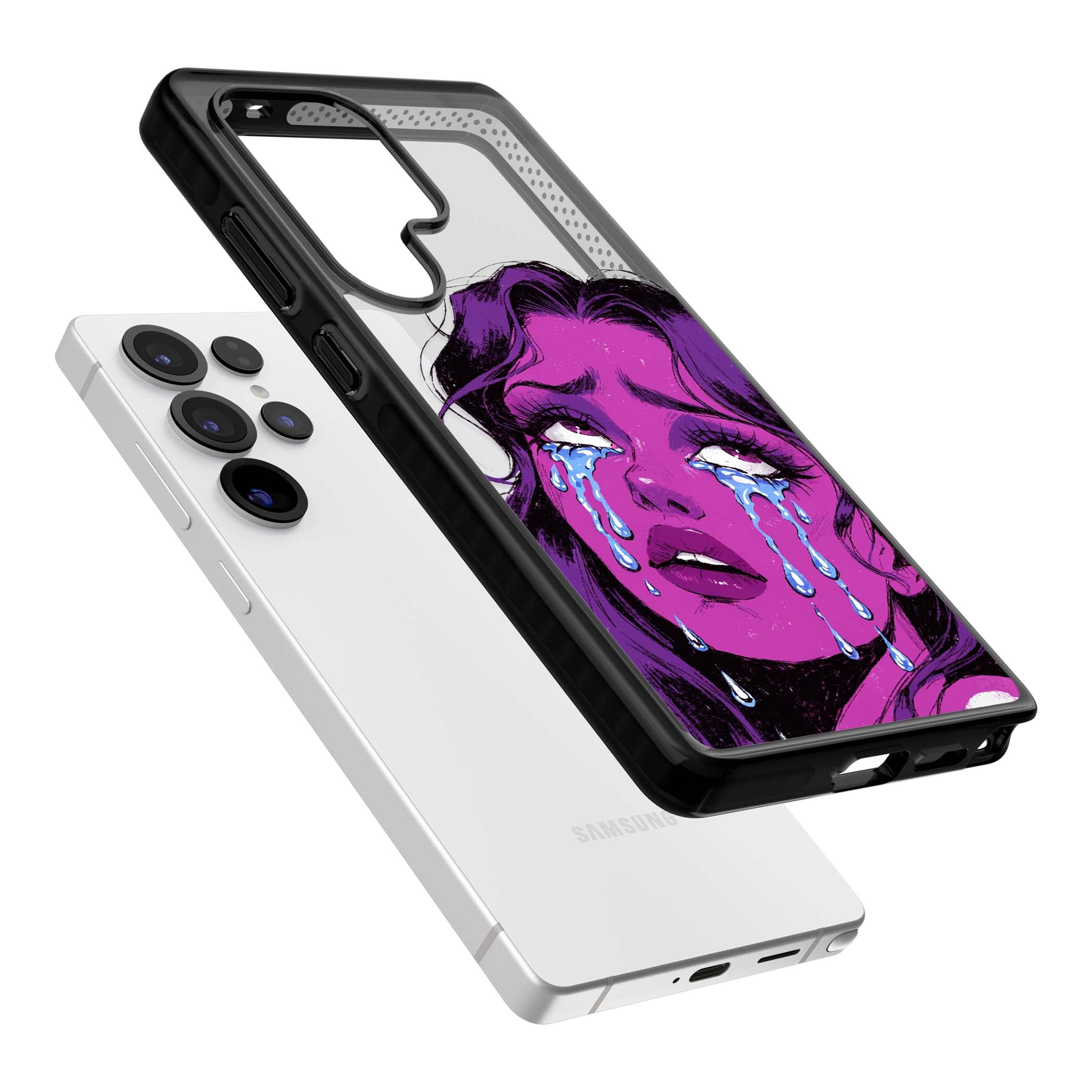 Drama Queen pop art iPhone case featuring a purple crying comic girl with blue tears | Black Impact case for Samsung Galaxy S25 Ultra