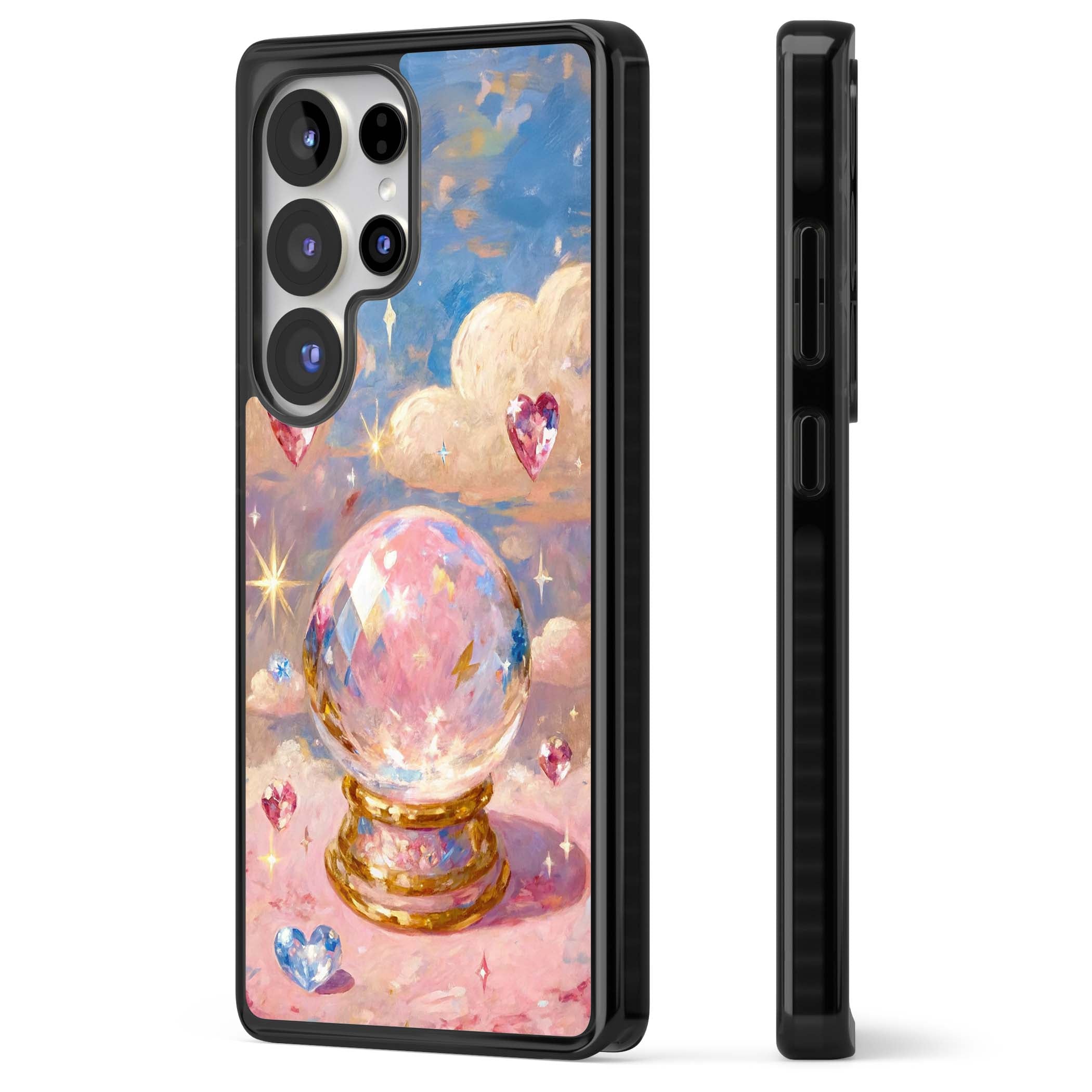 Crystal Ball fairycore iPhone case featuring a painted crystal ball, heart gemstones, and pastel clouds | Black Impact case for Samsung Galaxy S25 Ultra