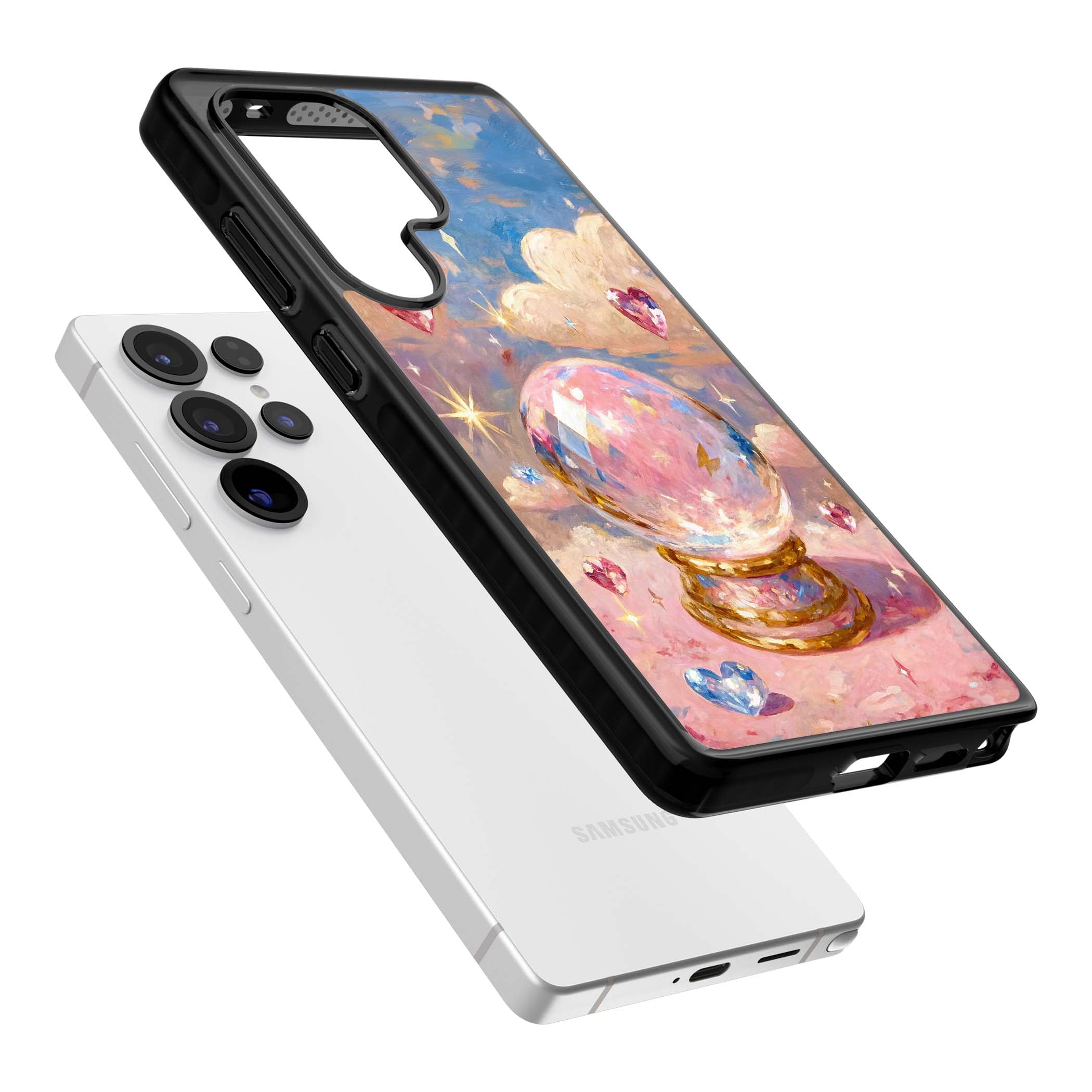 Crystal Ball fairycore iPhone case featuring a painted crystal ball, heart gemstones, and pastel clouds | Black Impact case for Samsung Galaxy S25 Ultra
