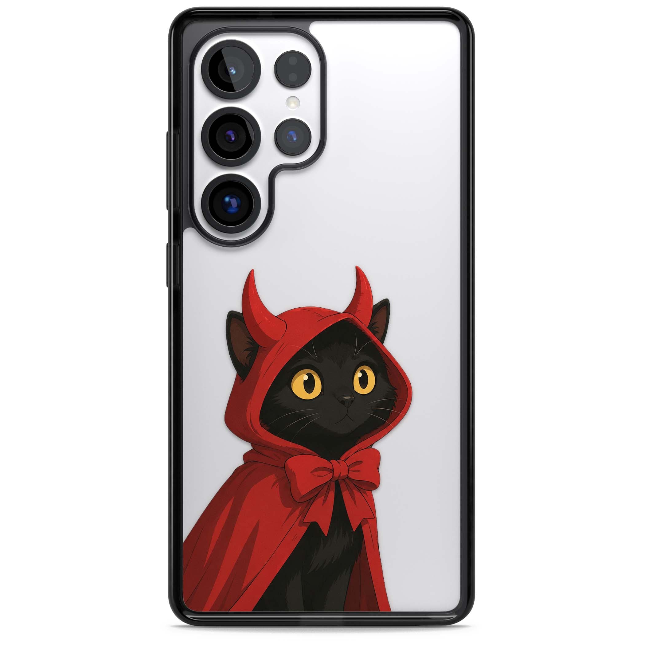 Little Devil halloween iPhone case featuring a black cat in a red hooded devil cloak with horns and golden eyes | Black Impact case for Samsung Galaxy S25 Ultra