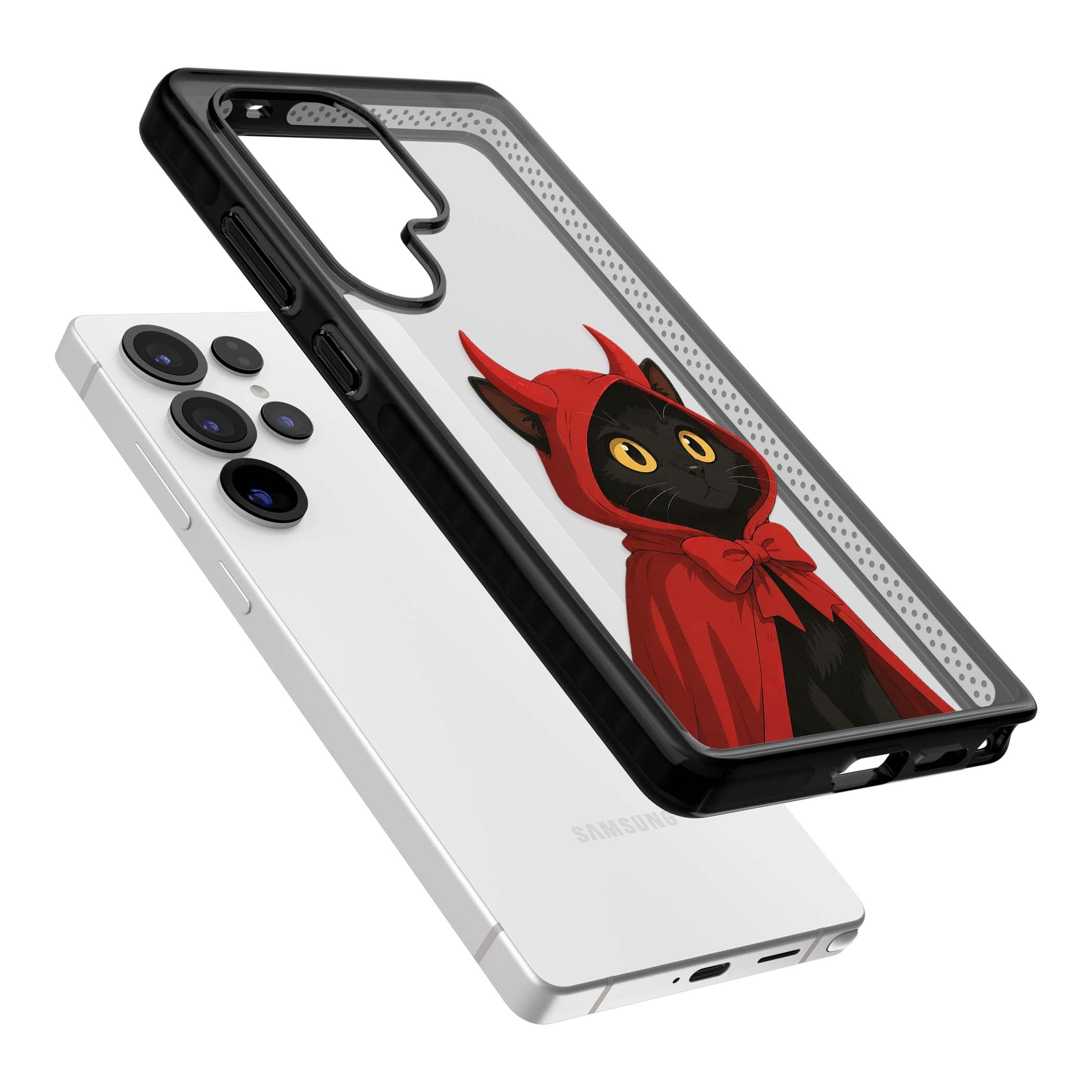 Little Devil halloween iPhone case featuring a black cat in a red hooded devil cloak with horns and golden eyes | Black Impact case for Samsung Galaxy S25 Ultra