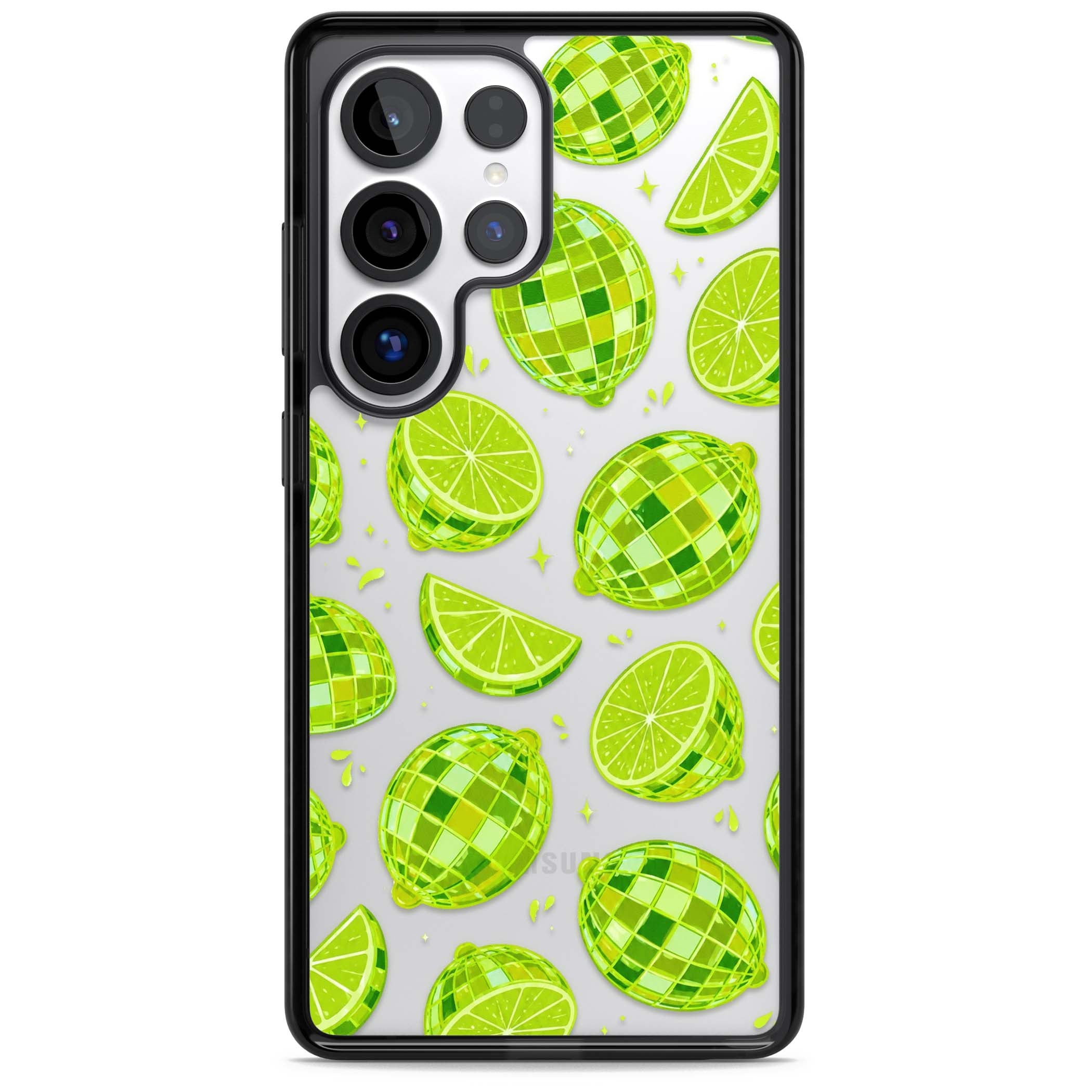 Disco Limes fruit aesthetic iPhone case featuring green disco balls, lime slices and citrus sparkles | Black Impact case for Samsung Galaxy S25 Ultra