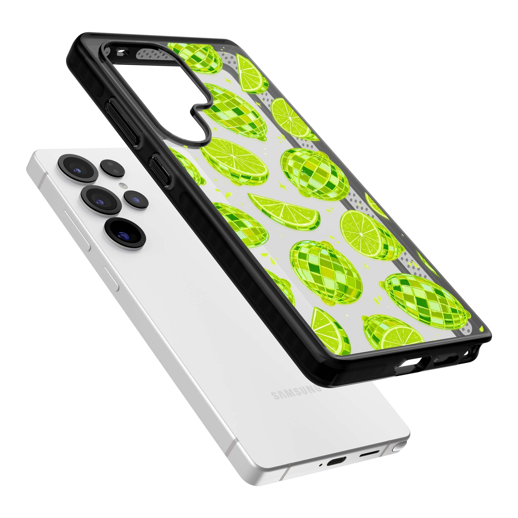 Disco Limes fruit aesthetic iPhone case featuring green disco balls, lime slices and citrus sparkles | Black Impact case for Samsung Galaxy S25 Ultra