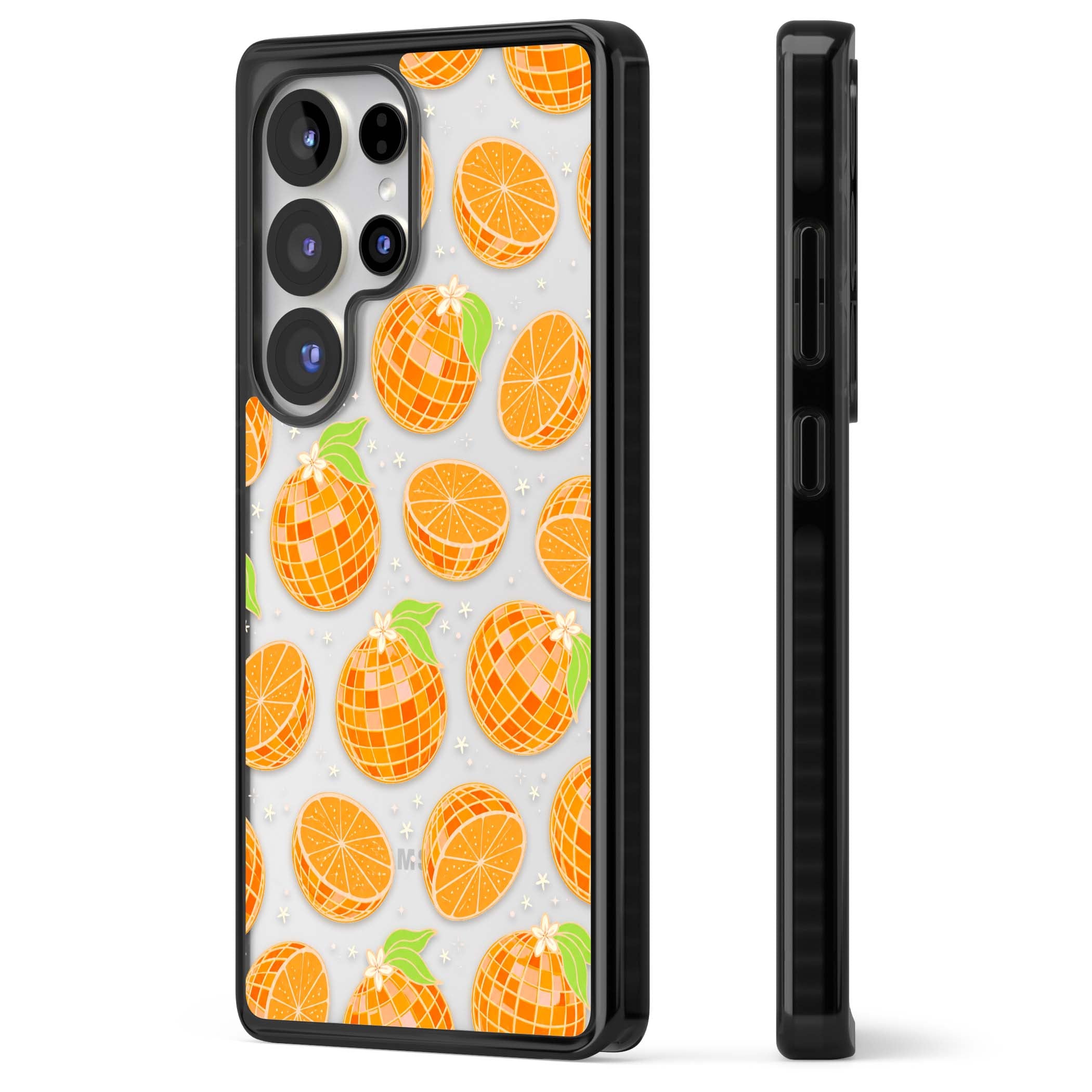 Disco Oranges retro iPhone case featuring mirrorball oranges, citrus slices and tiny blossoms on clear | Black Impact case for Samsung Galaxy S25 Ultra