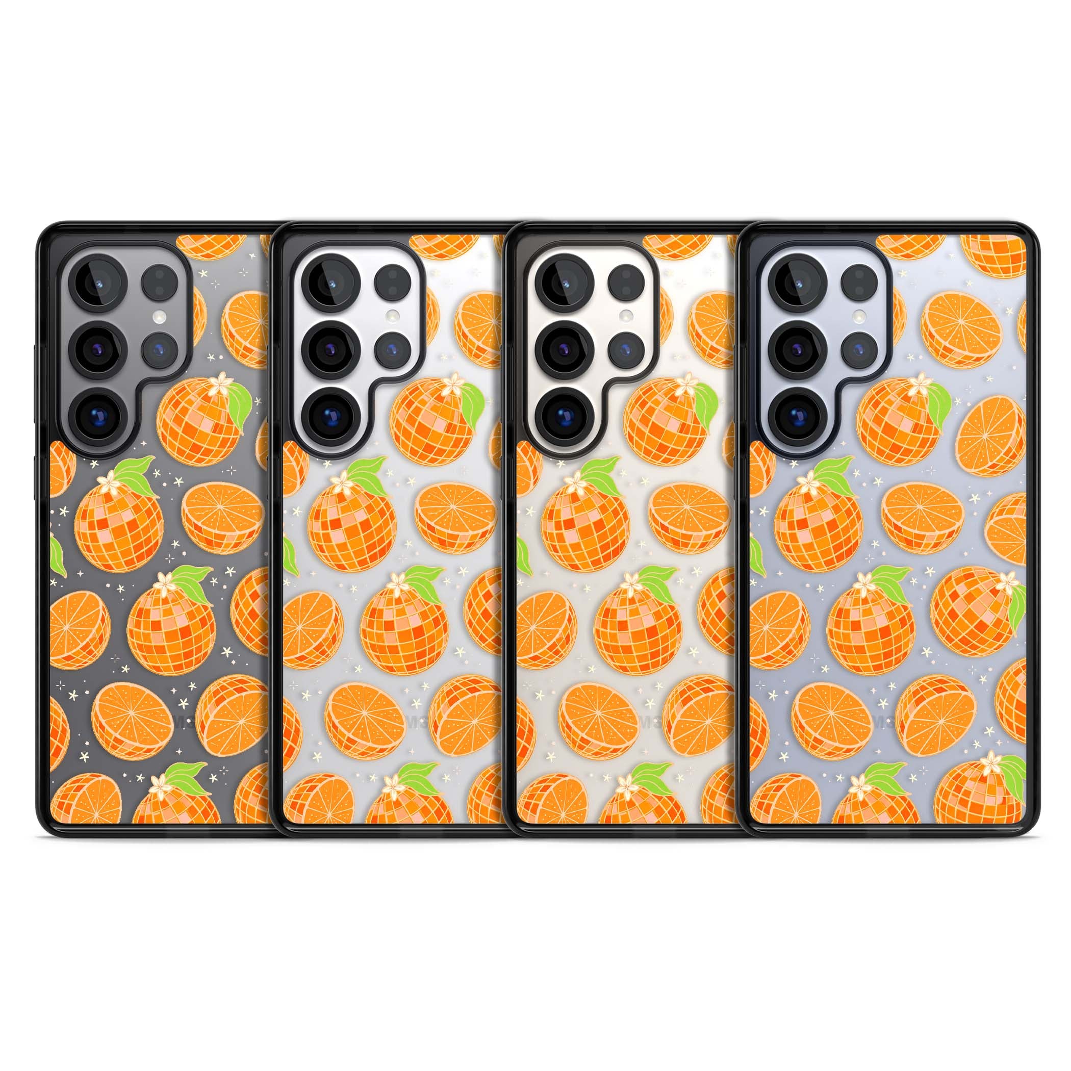 Disco Oranges retro iPhone case featuring mirrorball oranges, citrus slices and tiny blossoms on clear | Black Impact case for Samsung Galaxy S25 Ultra