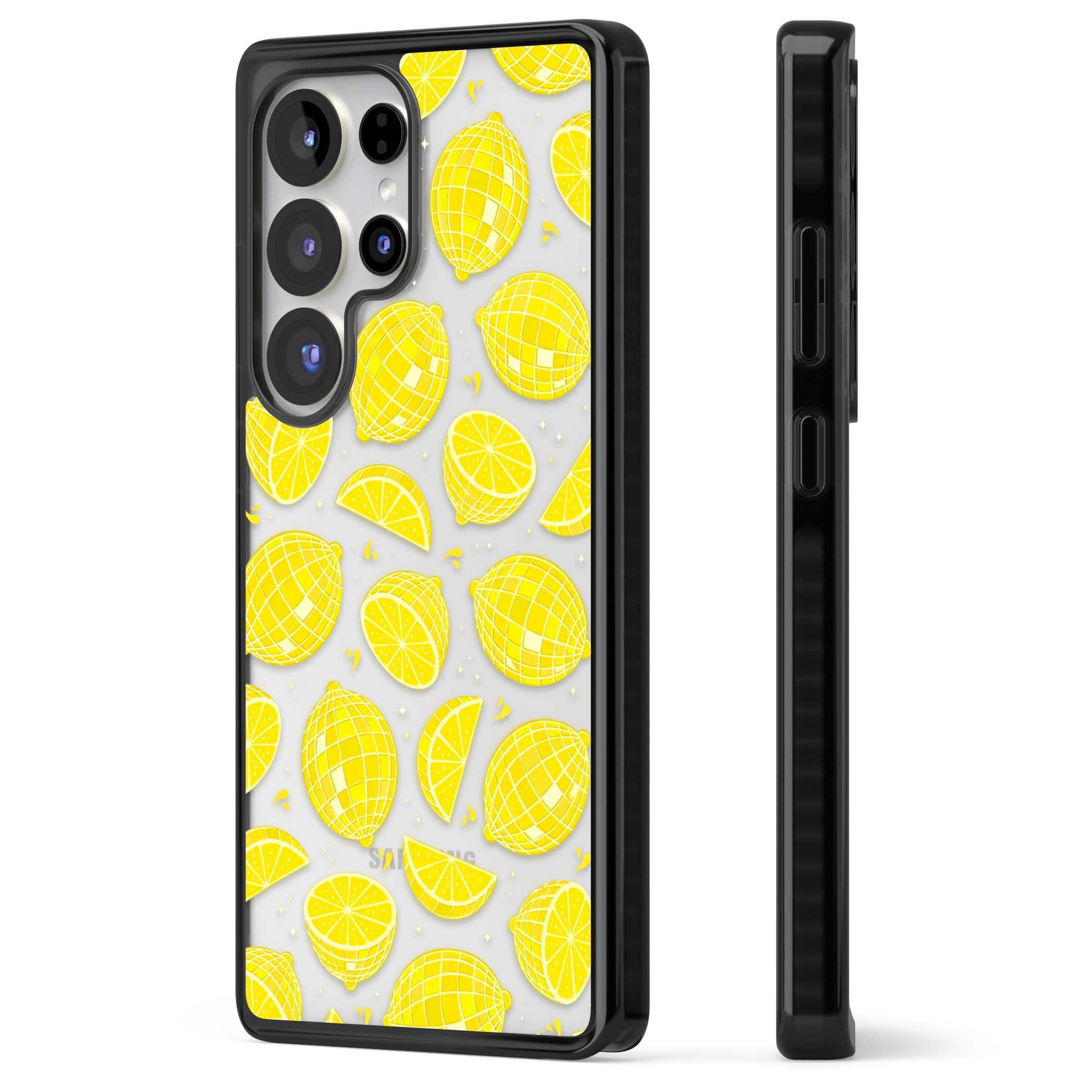 Disco Lemons citrus iPhone case featuring mirrorball lemons, sliced fruit and sparkle accents | Black Impact case for Samsung Galaxy S25 Ultra