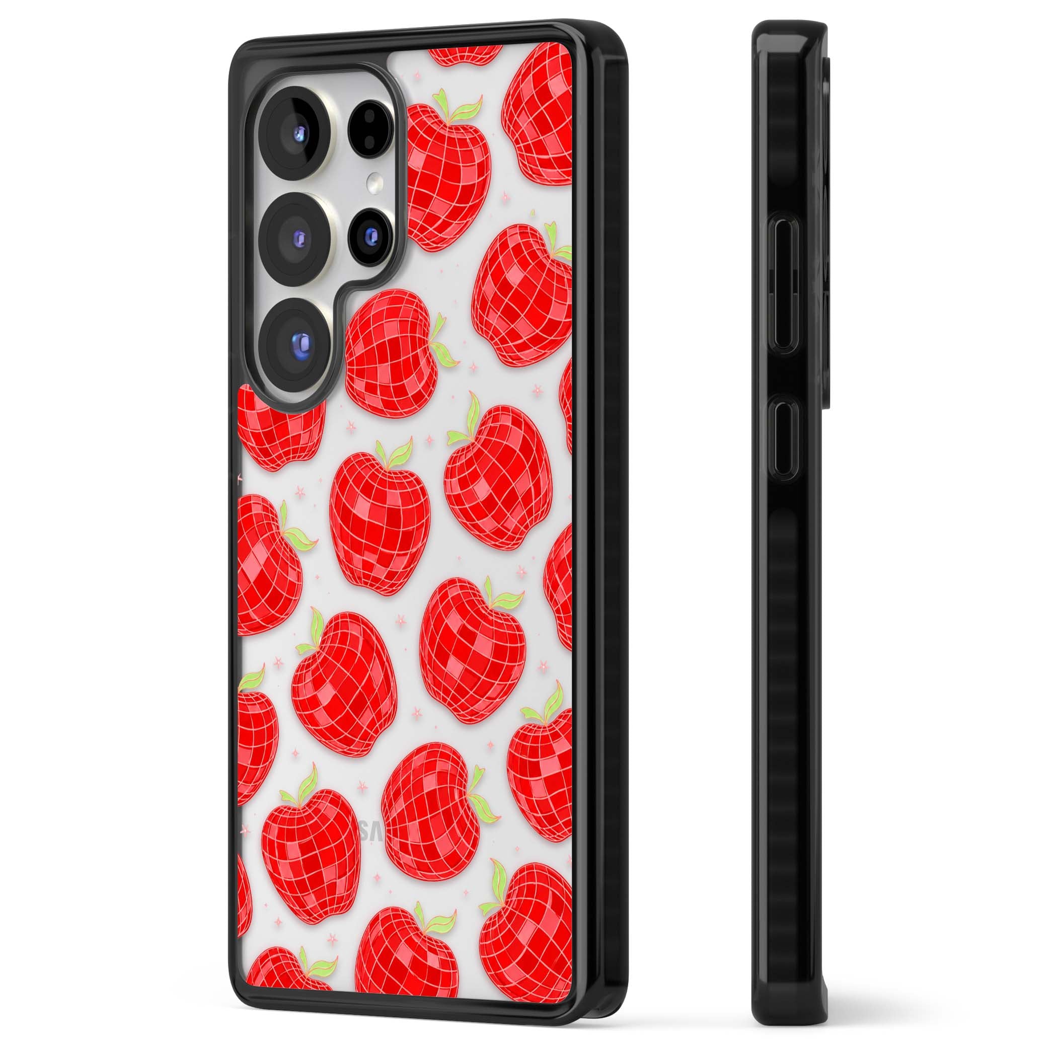Disco Apples Y2K iPhone case featuring red disco ball apples, green leaves and pink sparkles on clear | Black Impact case for Samsung Galaxy S25 Ultra