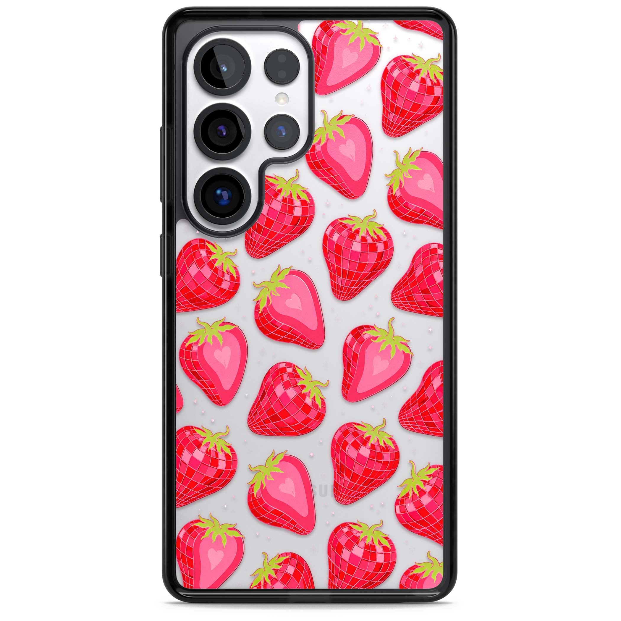 Disco Strawberry Y2K iPhone case featuring pink disco-ball strawberries, green leaves and tiny sparkles | Black Impact case for Samsung Galaxy S25 Ultra