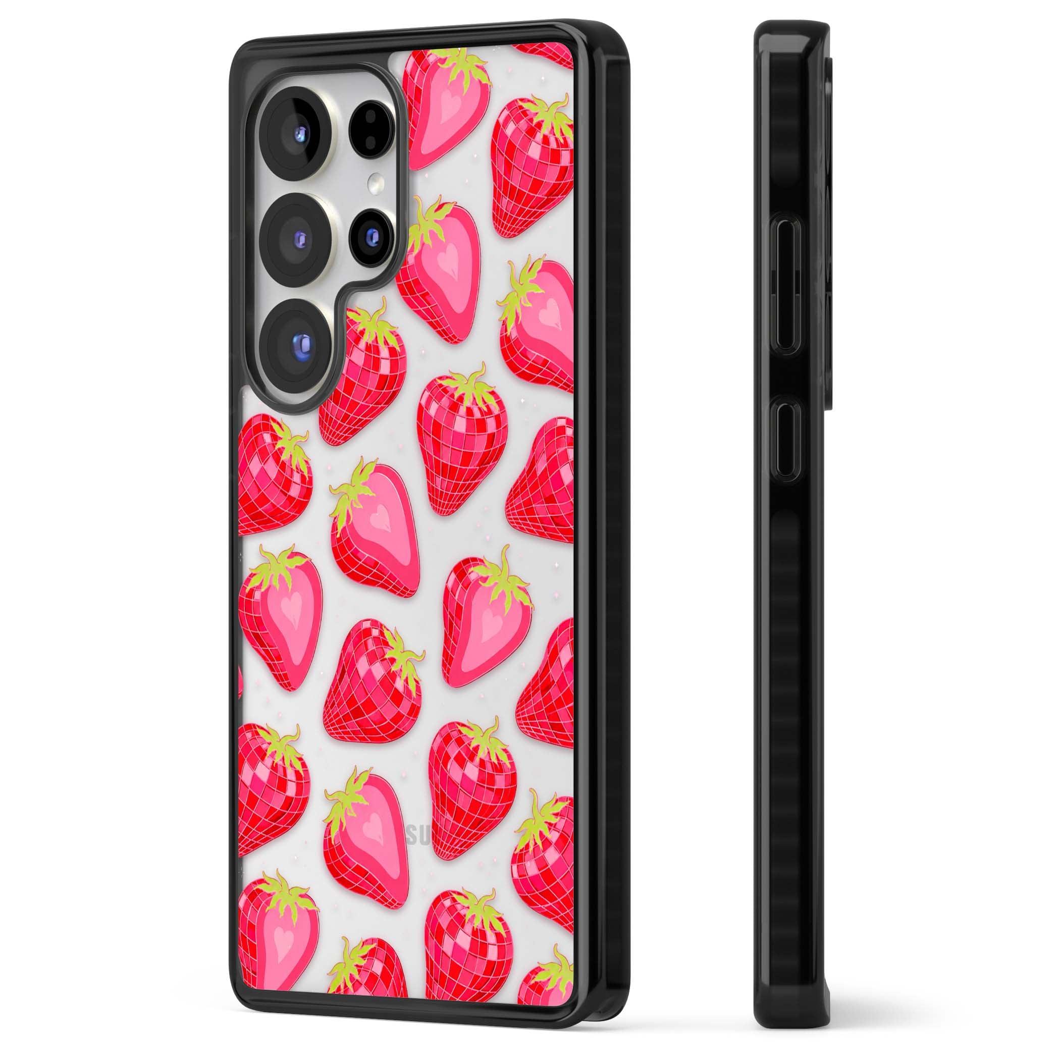 Disco Strawberry Y2K iPhone case featuring pink disco-ball strawberries, green leaves and tiny sparkles | Black Impact case for Samsung Galaxy S25 Ultra