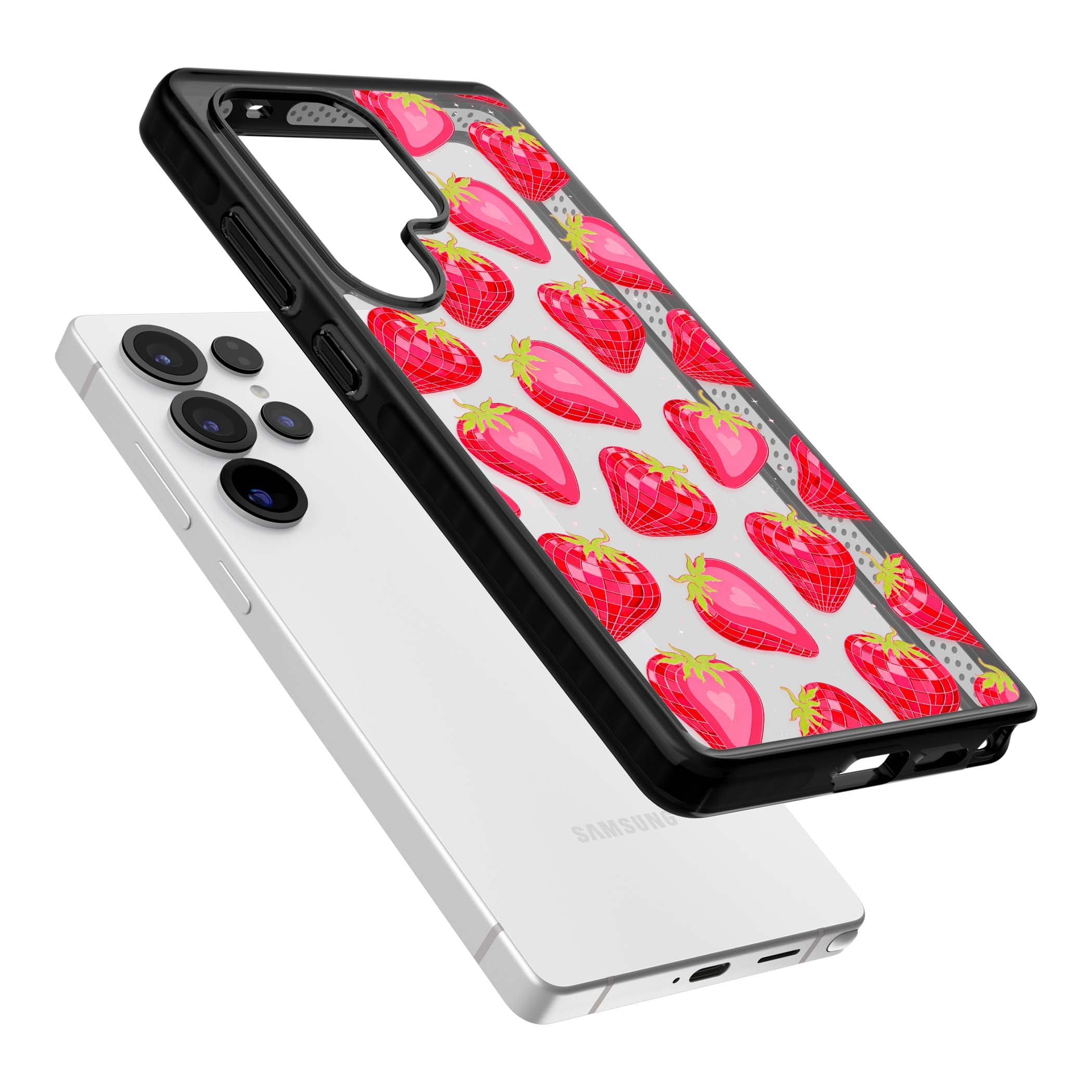 Disco Strawberry Y2K iPhone case featuring pink disco-ball strawberries, green leaves and tiny sparkles | Black Impact case for Samsung Galaxy S25 Ultra
